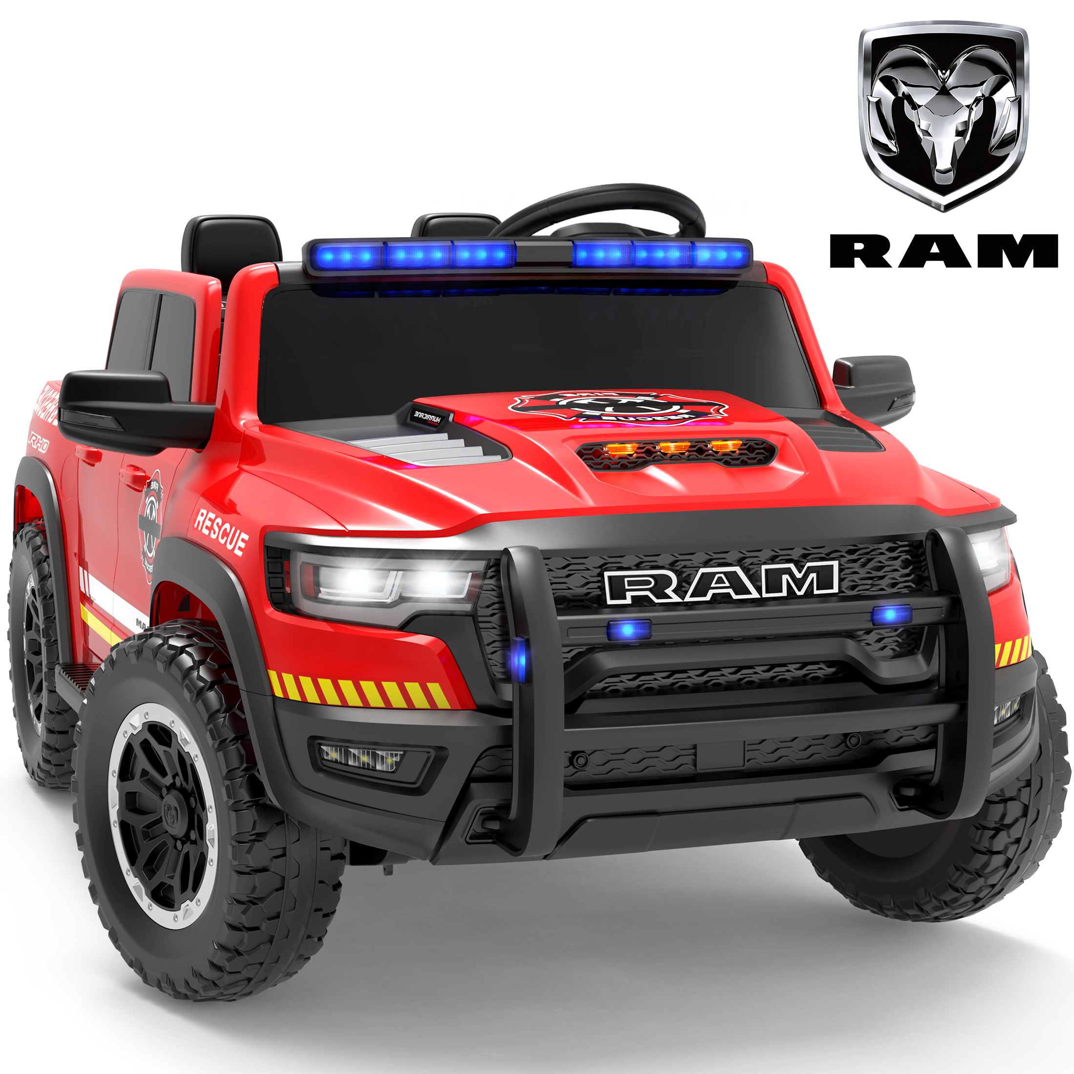 thumbnail video image 2 of 24V Kids Ride on Fire Truck, Licensed RAM 1500 2 Seater Ride on Car with Remote Control, Bluetooth, LED Lights, Trunk Storage, 4 Wheel Suspension, Ride on Toys for Big Kids Boys Girls Ages 3-8, Red, 2 of 11