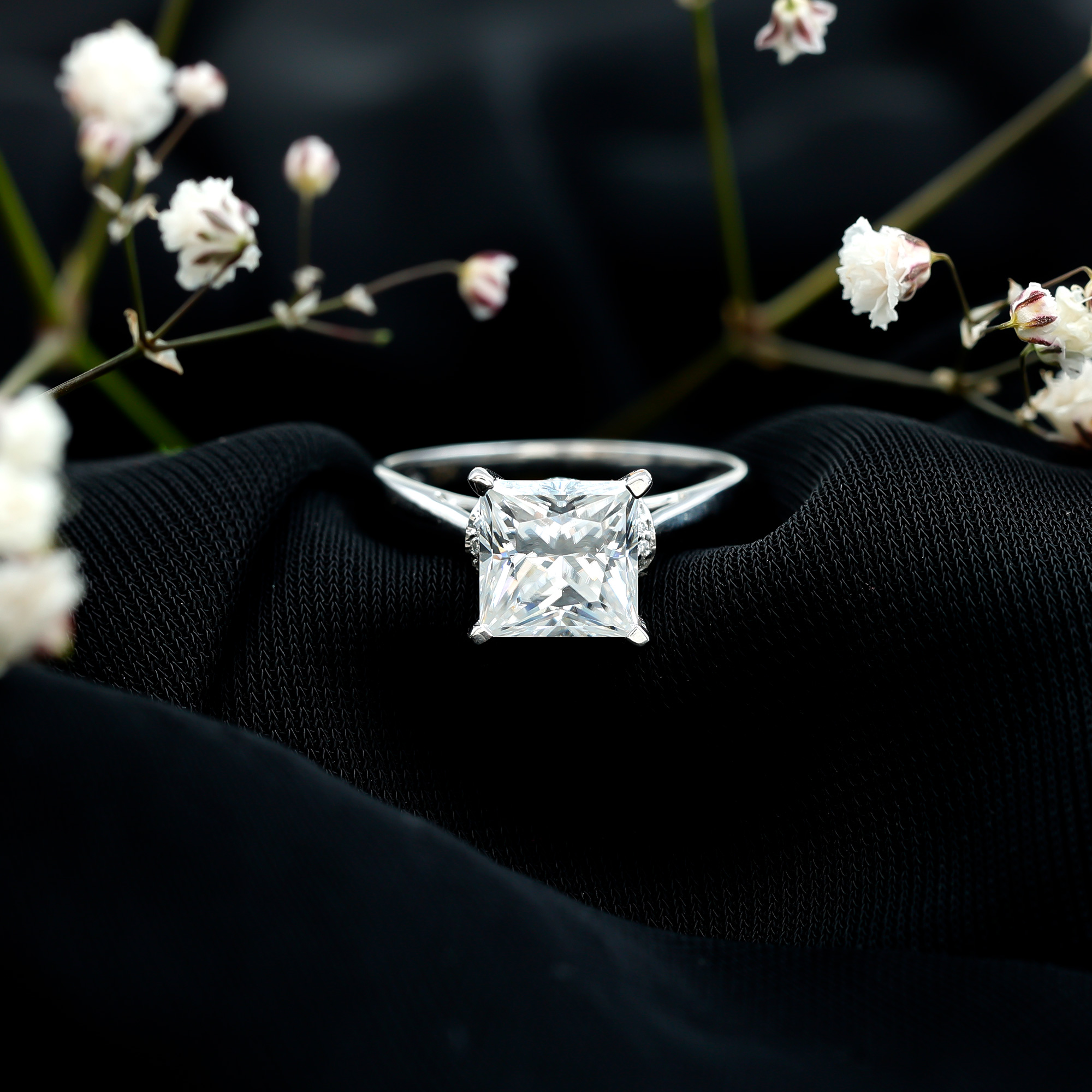 thumbnail video image 2 of Rosec Jewels Moissanite Solitaire Engagement Ring 3 Ct - 8 mm Princess Cut Moissanite Ring for Women - D-VS1 Quality Certified, 925 Sterling Silver, US 4.00, 2 of 9