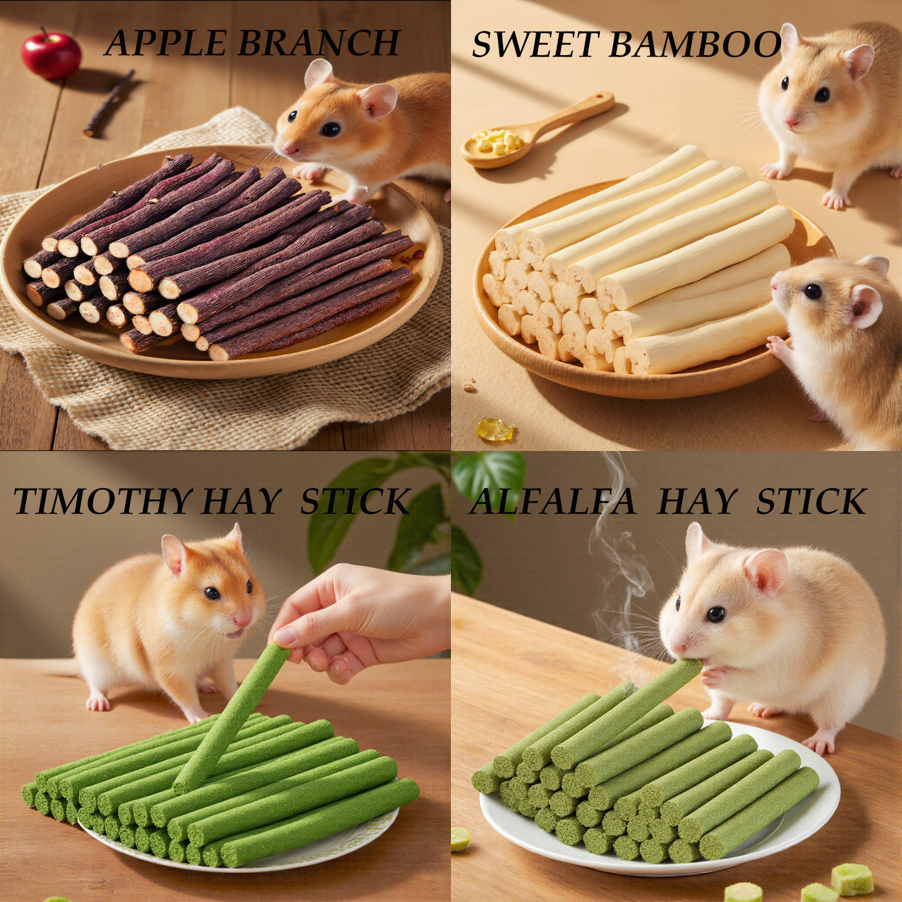 thumbnail video image 2 of GREMBEB Rabbit Toys, 400g 14.1oz 4 in 1 Bunny Chew Apple Sticks Sweet Bamboo Timothy Hay Sticks Hamster Molar Treat Guinea Pig Food Snack for Clean Teeth, 2 of 7