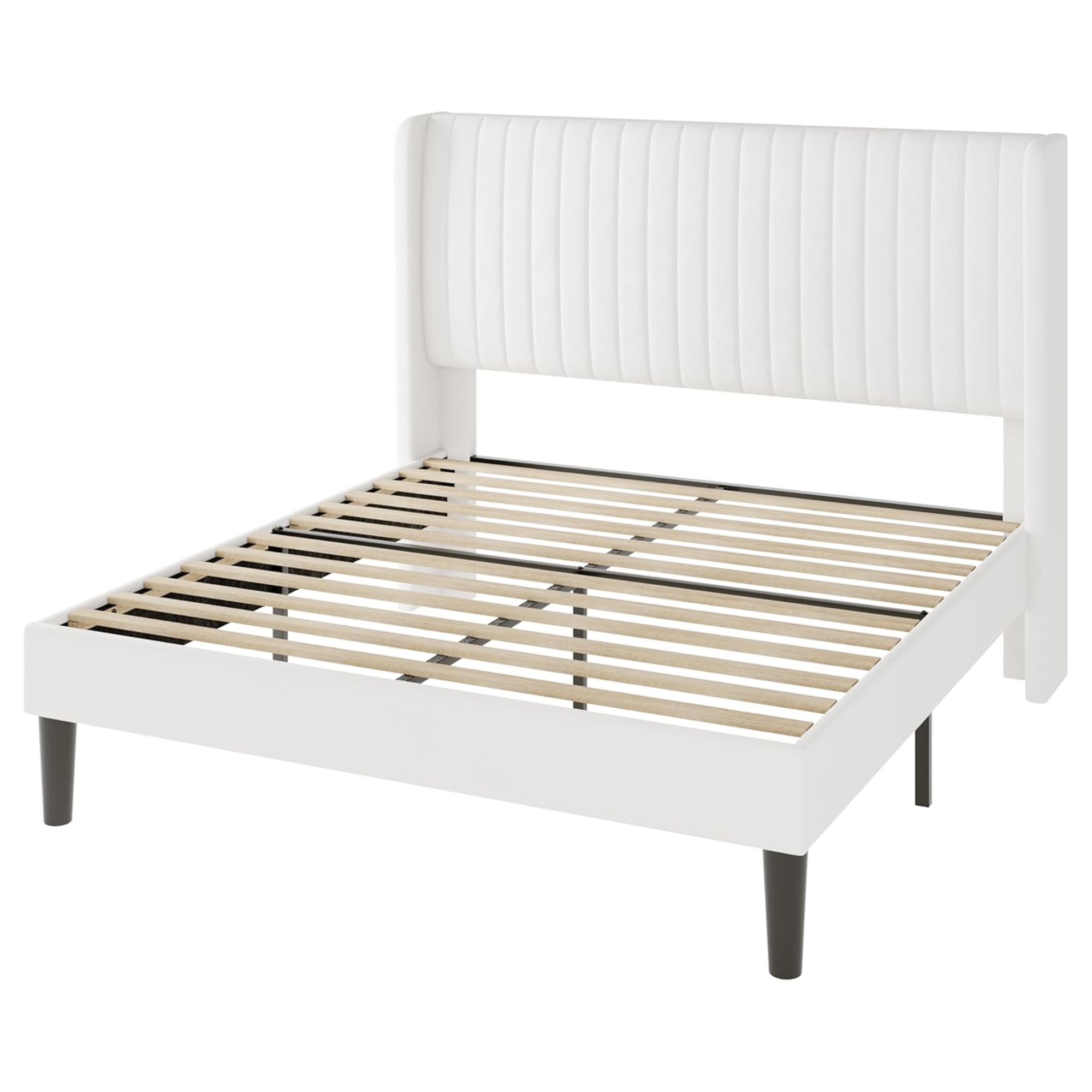 thumbnail video image 2 of Velvet King Bed Frame with Vertical Channel Tufted Wingback Headboard – Upholstered Platform Bed, No Box Spring Needed, Strong Wooden Slats, Easy Assembly, White, 2 of 11
