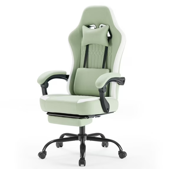 thumbnail video image 2 of JONPONY Computer Gaming Chair - High Back Ergonomic Desk Chair with Footrest and Lumbar Support, Height Adjustable Task Chair with Linkage Armrests and Headrest, 360° Swivel Wheels, Green, 2 of 10