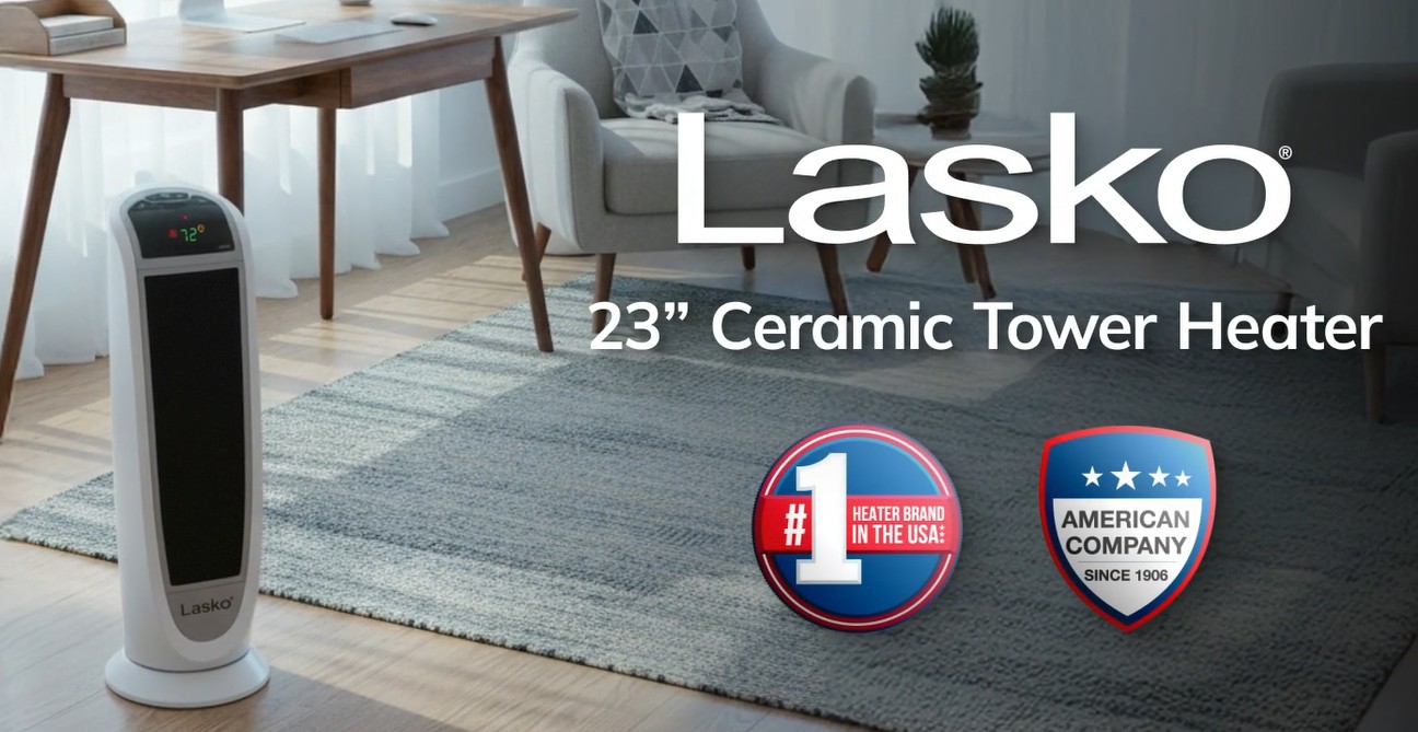 thumbnail video image 2 of Lasko 23" 1500W Electric Digital Ceramic Tower Space Heater with Remote, White, 5165, 2 of 13