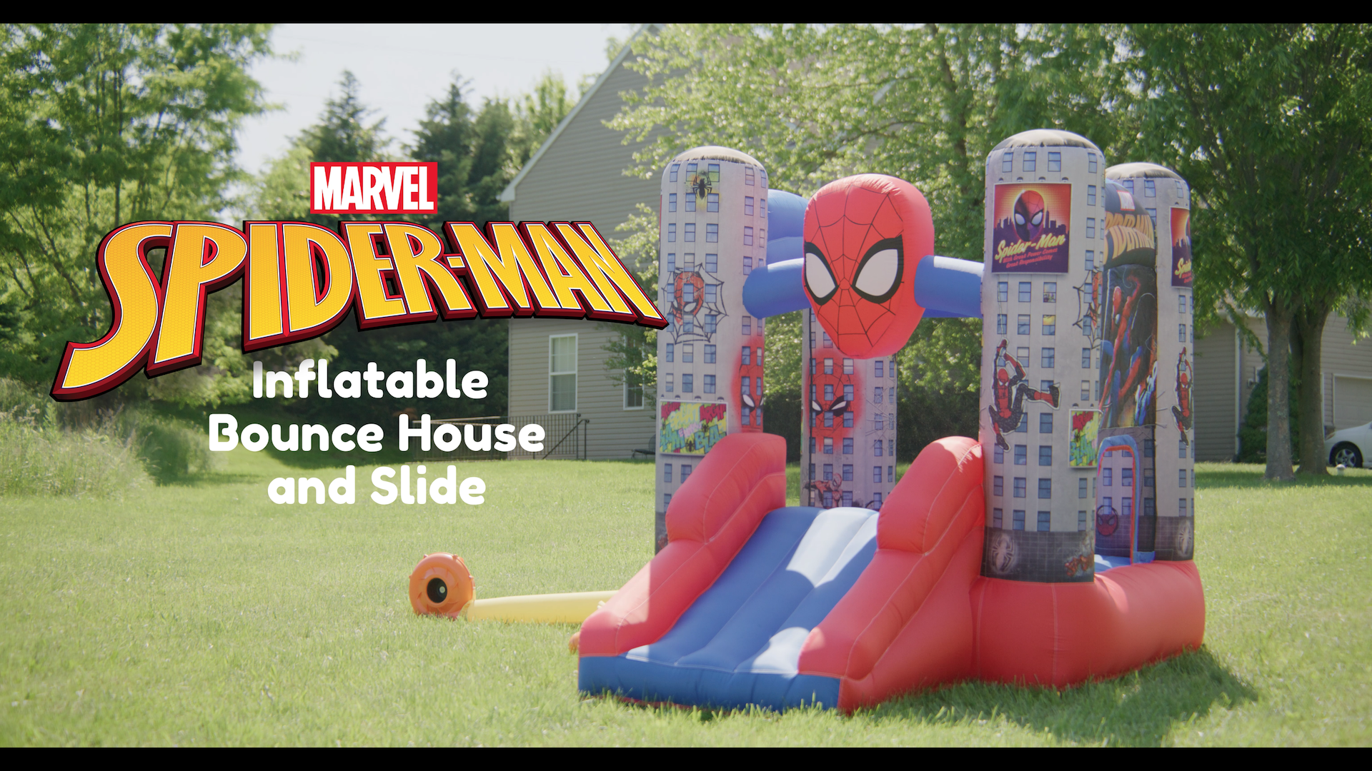 thumbnail video image 2 of Marvel Spider-Man Outdoor Bounce House with Slide, Plus Heavy Duty Air Blower with GFCI for Kids Ages 3-8 Years, 2 of 7