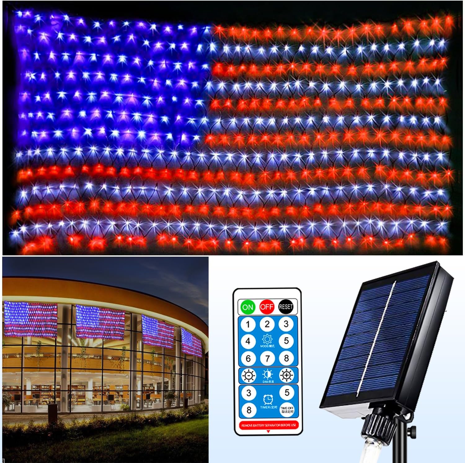 thumbnail video image 2 of Decute 420 LED Solar Flag Lights – Patriotic Waterproof Net Light for 4th July, Holiday Christmas Outdoor Yard Decor, 2 of 8