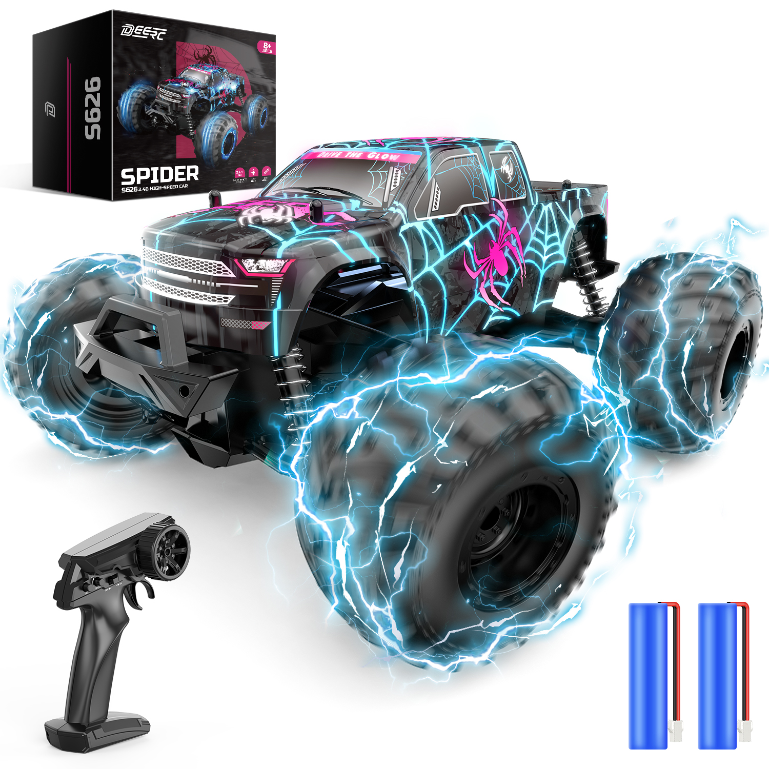 thumbnail video image 2 of DEERC 1/16 Glowing Spider Remote Control Car - Fast RC Cars W/2 Rechargeable Batteries for 30 Min Play, All Terrain Off-Road Monster Truck Toys for Boys Kids Age 4-7 8-12 Birthday Xmas Gift, 2 of 6