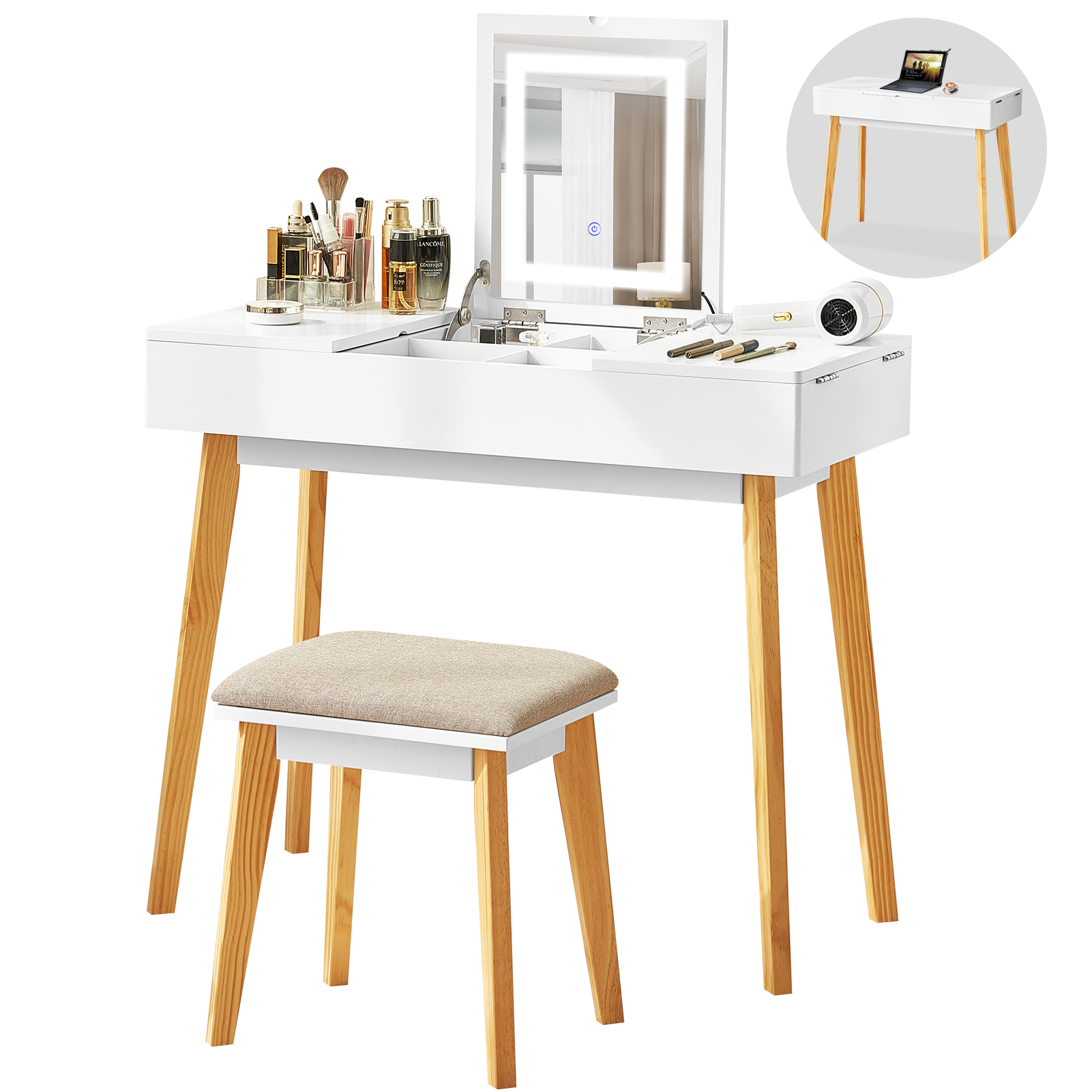 thumbnail video image 2 of JanflyHome Vanity Desk with Mirror LED Light, Flip Top Wood Makeup Vanity Table with Stool, Dessing Table Office Desk with Charging Port, Vintage Brown, 2 of 11