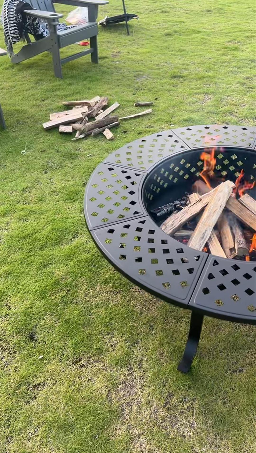 thumbnail video image 2 of 43 Inch Fire Pit with 2 Grill, Outdoor Wood Burning Firepit with Lid, Metal Round Table for Backyard Patio Garden Picnic Camping Bonfire, 2 of 7