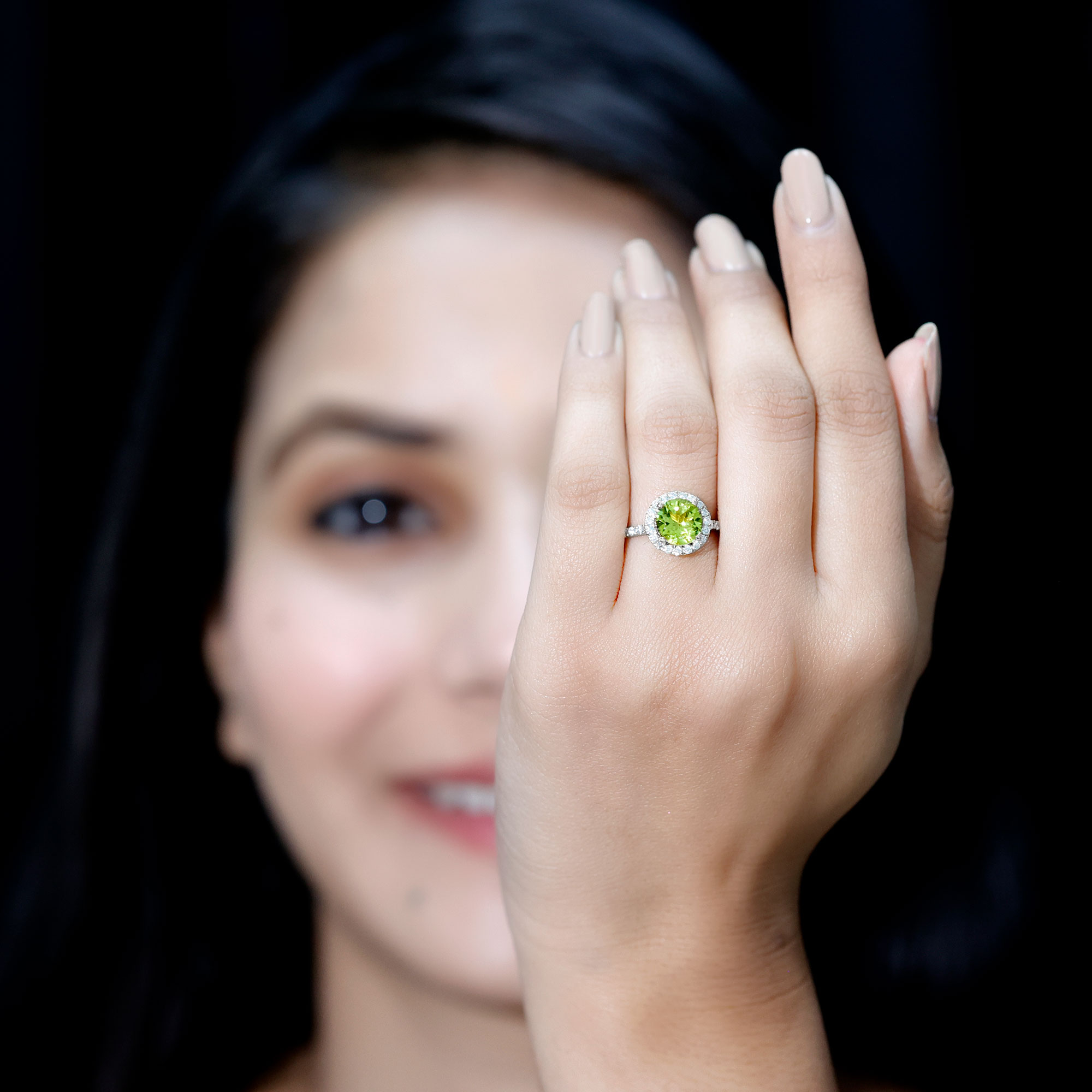 thumbnail video image 2 of Rosec Jewels Natural Peridot Engagement Ring with Moissanite Halo - Real Peridot Ring for Women (8 mm - 2 Carat - AAA Quality), 18K Yellow Gold, US 9.50, 2 of 8