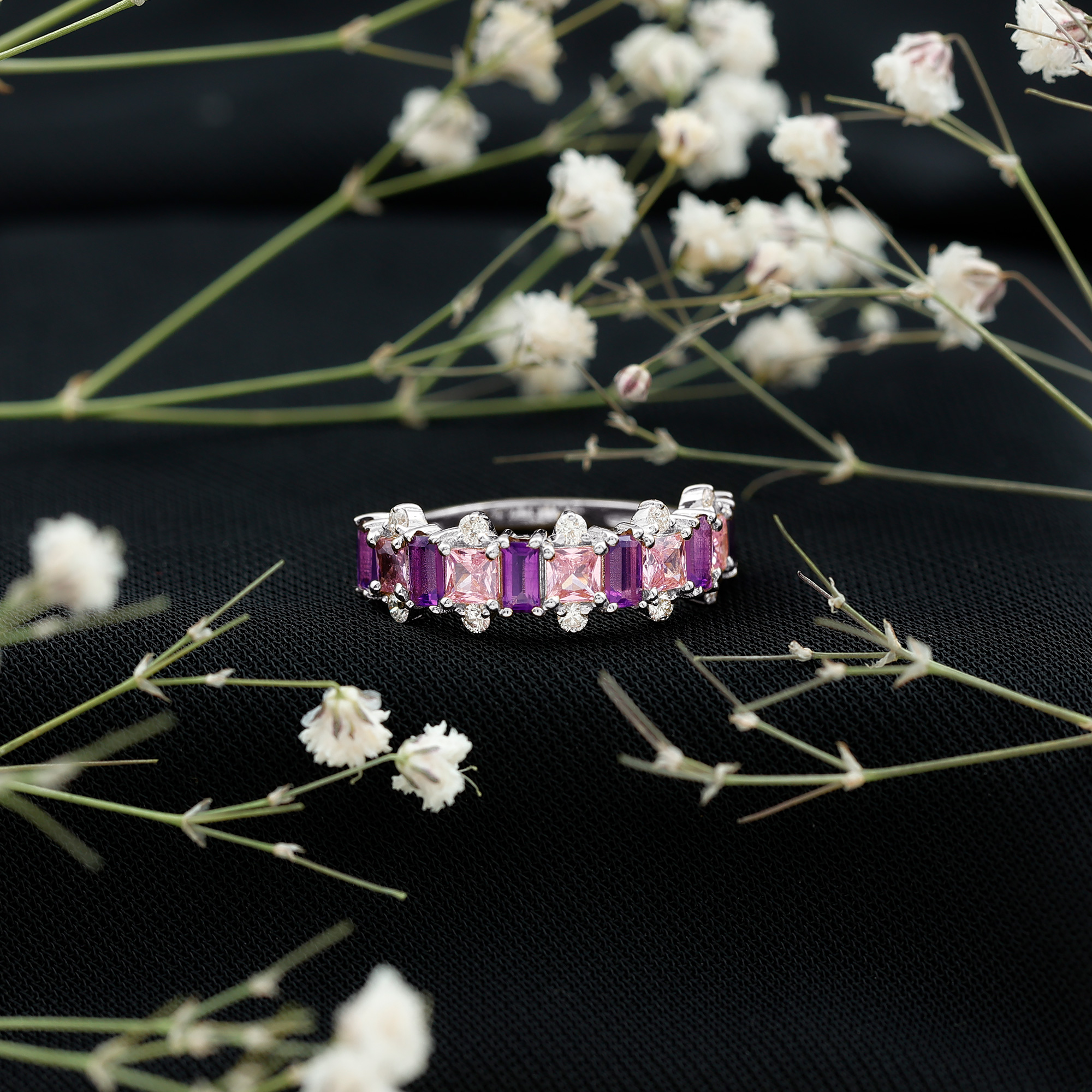 thumbnail video image 2 of Rosec Jewels Certified Lab Grown Pink Sapphire and Amethyst Half Eternity Ring with Diamond - Ready to Gift for Anniversary, 18K White Gold, US 12.00, 2 of 8