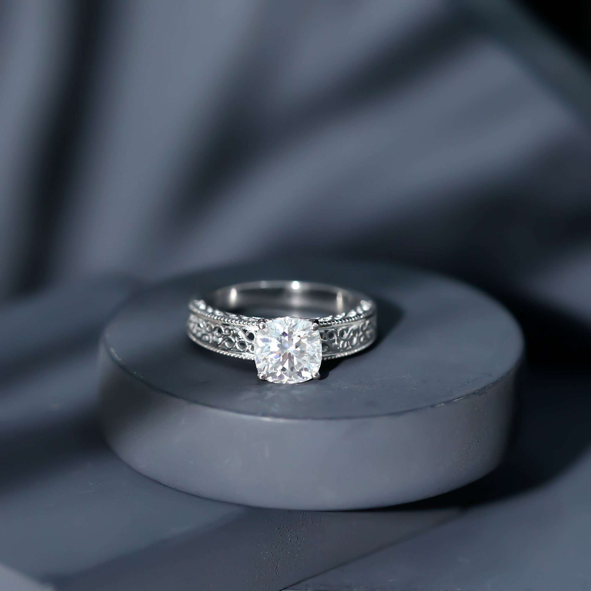 thumbnail video image 2 of Rosec Jewels Certified Moissanite Cushion Cut Engagement Ring 3 Carat - Filigree Ring - 8 mm - D-VS1 Quality, 18K Yellow Gold, US 13.00, 2 of 8