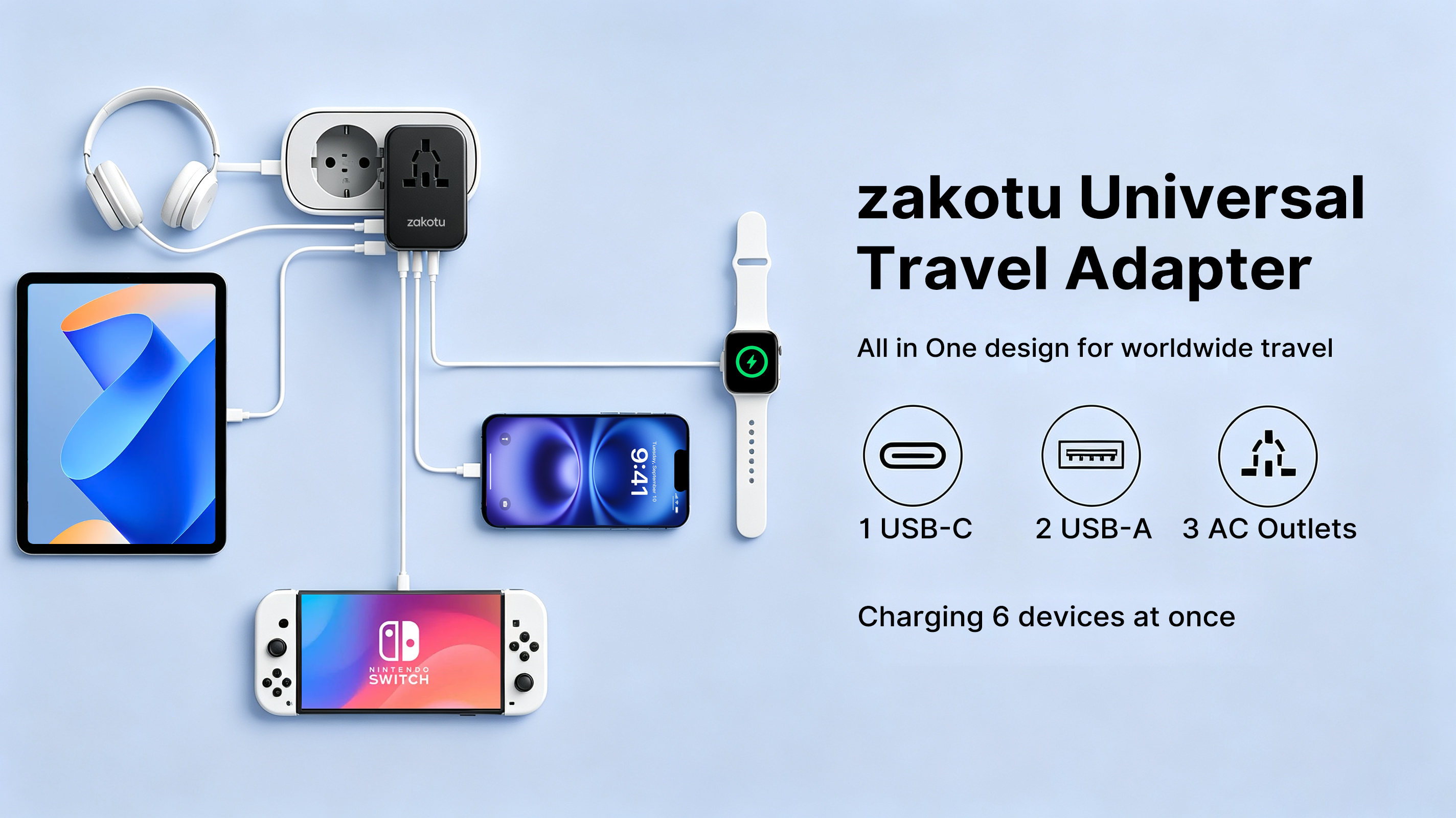 thumbnail video image 2 of 35.5W Universal Travel Adapter with 2 USB-C & 3 USB-A Ports, International Power Adapter with PD 3.0 & QC Fast Charging, 6-in-1 Worldwide Plug Adapter for USA EU UK AUS, Type A/C/G/I Travel Charger, 2 of 10
