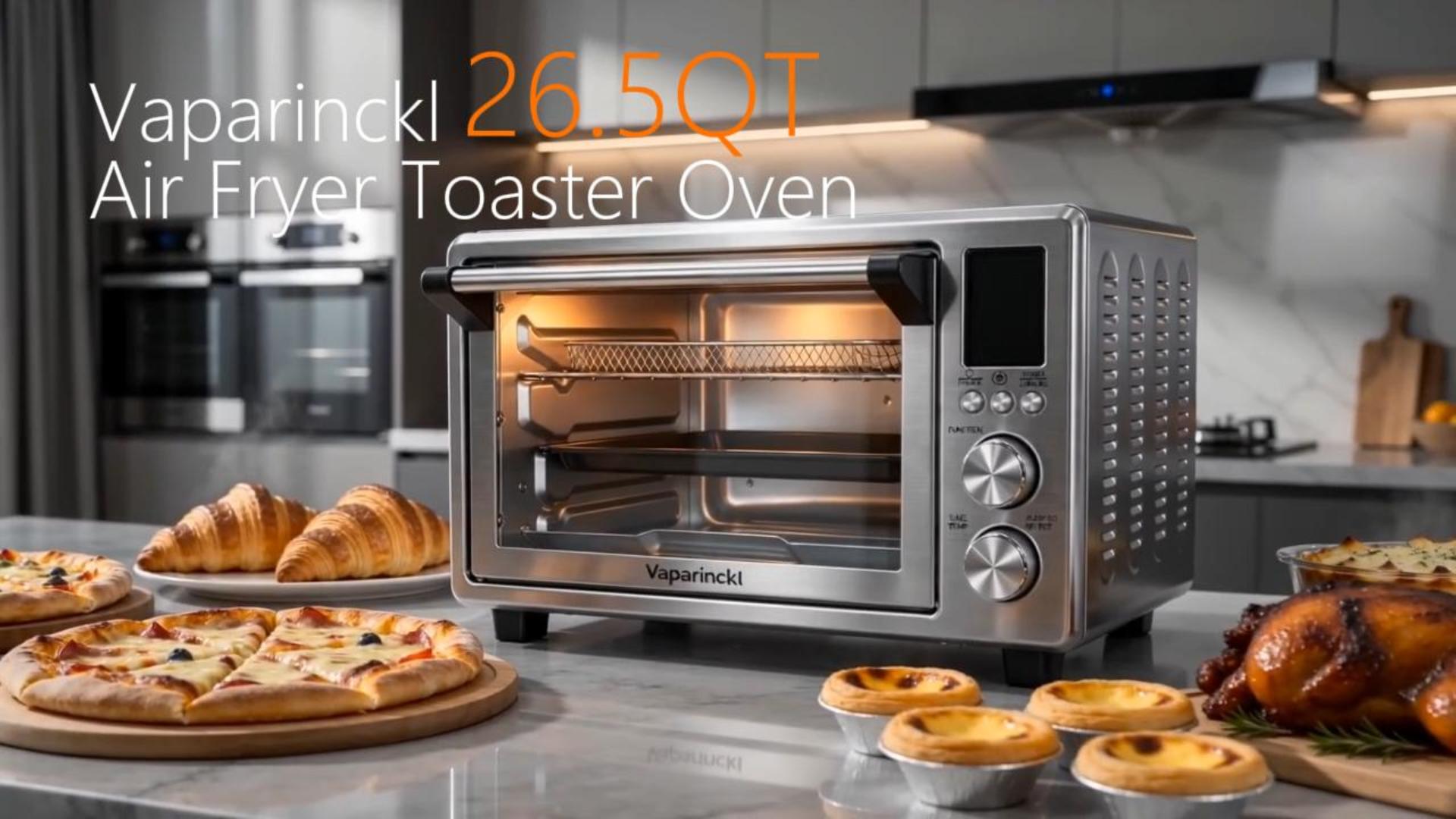 thumbnail video image 2 of Vaparinckl 26.5QT Air Fryer Toaster Oven, Digital Control with 11-in-1 Multifunction Countertop, Clear-Viewing Window, Oil-Less 1500W, Stainless Steel, 2 of 9