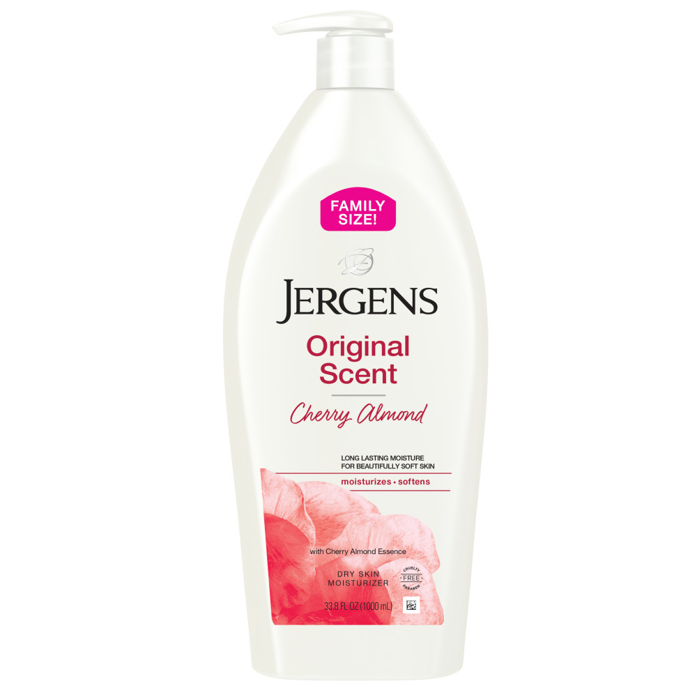 thumbnail video image 3 of (4 pack) Jergens Original Scent with Cherry Almond Body Lotion Moisturizer for Dry Skin, 33.8 oz, 3 of 13