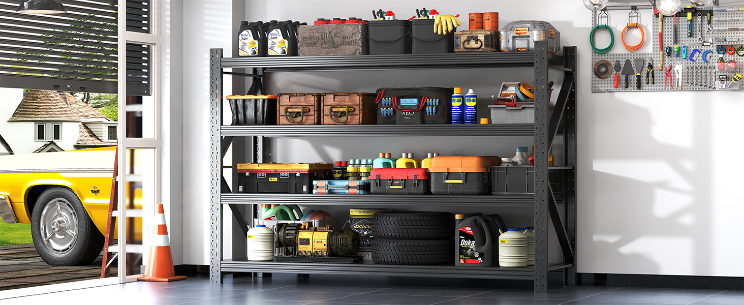 thumbnail video image 2 of Garage Shelving Units,67" Wide Heavy Duty 4-Tier Metal Storage Shelf with Adjustable Shelves,3000lb Capacity Industrial Shelving for Garage Organization,Basement Storage,WorkshopWarehouse, 2 of 8