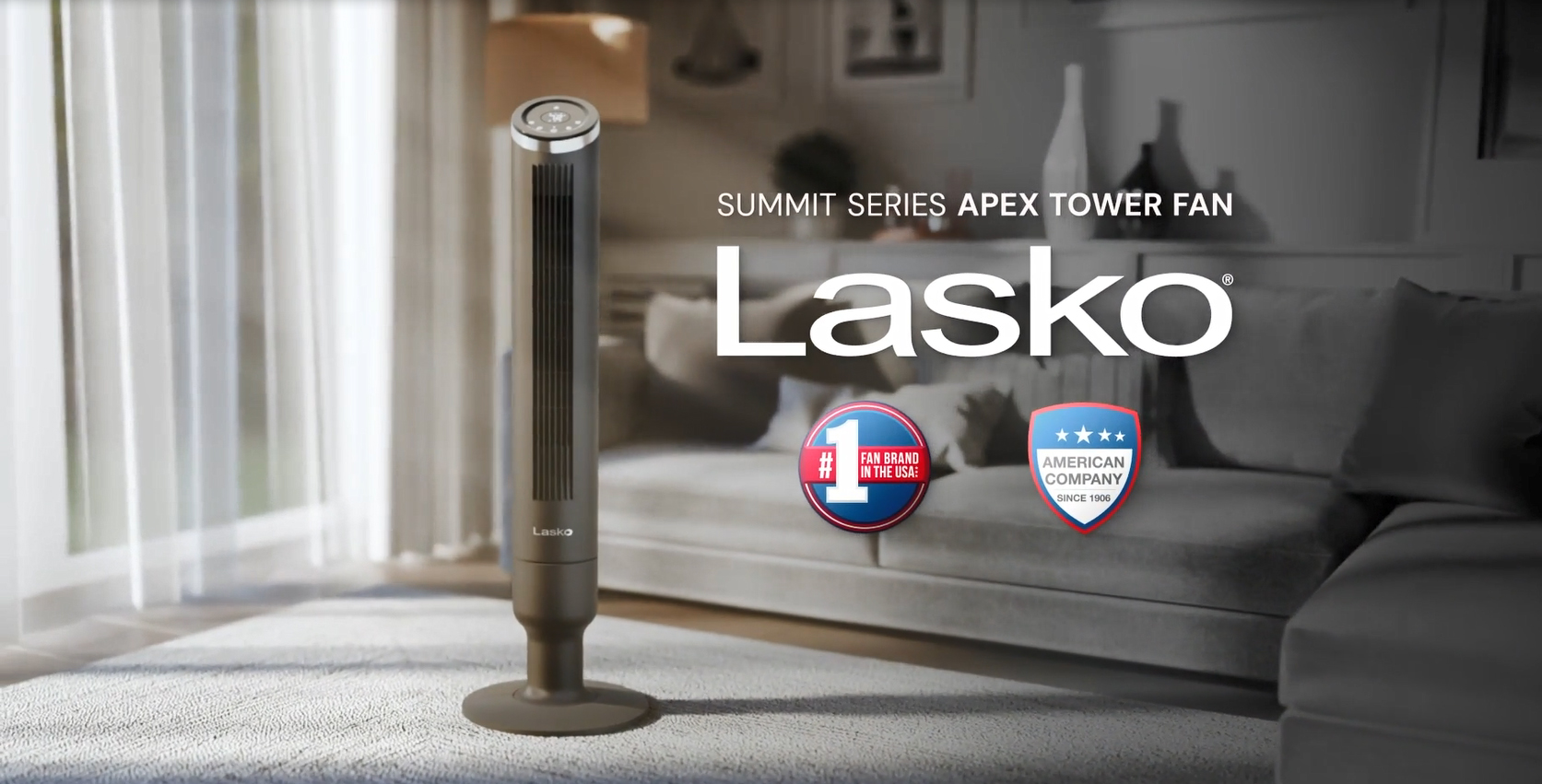 thumbnail video image 2 of Lasko Apex 42" 6-Speed Tower Fan, 29 ft/s Airflow, Carbon X Filtration and Remote, Black, RST200, 2 of 16
