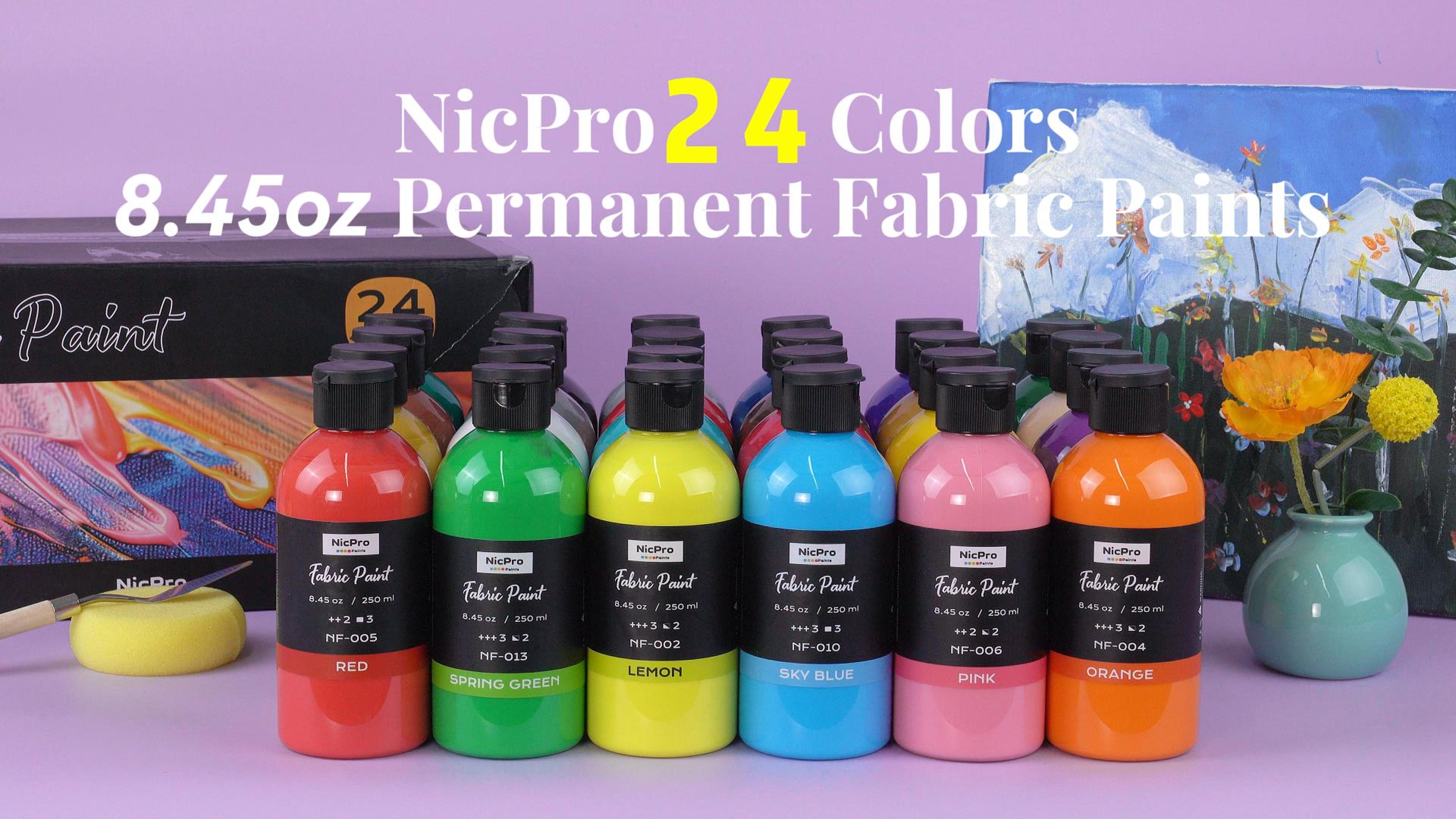 thumbnail video image 2 of Nicpro 24 Colors Permanent Fabric Paint (8.45 oz, 250 ml) Soft Fabric Paint for Clothes, Non-Toxic Textile Paint for Fabric DIY Crafts, T-shirts, Shoes Jeans Bags Canvas for Kid Adult with Color Whee, 2 of 9