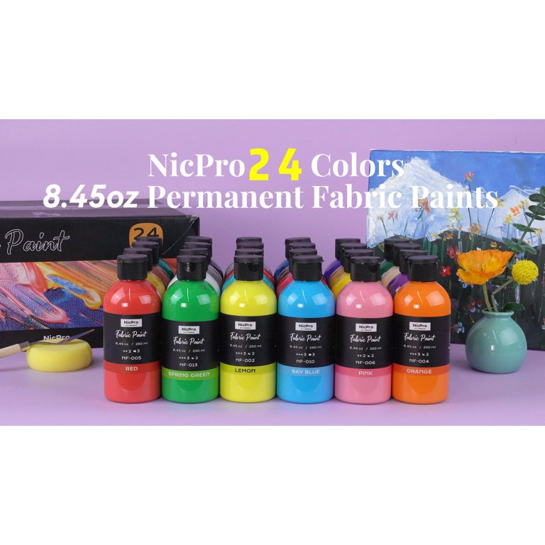 Nicpro 24 Colors Permanent Fabric Paint oz, 250 ml) Soft