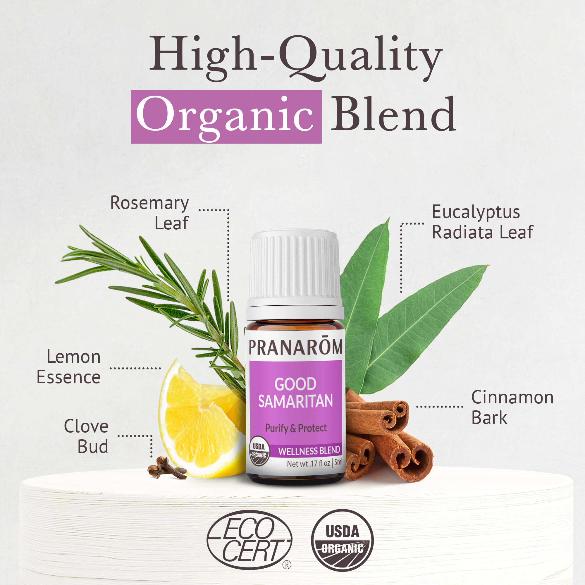 thumbnail video image 2 of Pranarom - Good Samaritan Essential Oil Blend (5ml) - Cinnamon Leaf, Lemon, Rosemary, Eucalyptus, Clove Bud - 100% Pure Essential Oil for Diffusing and Cleaning | USDA and ECOCERT Certified Organic, 2 of 8