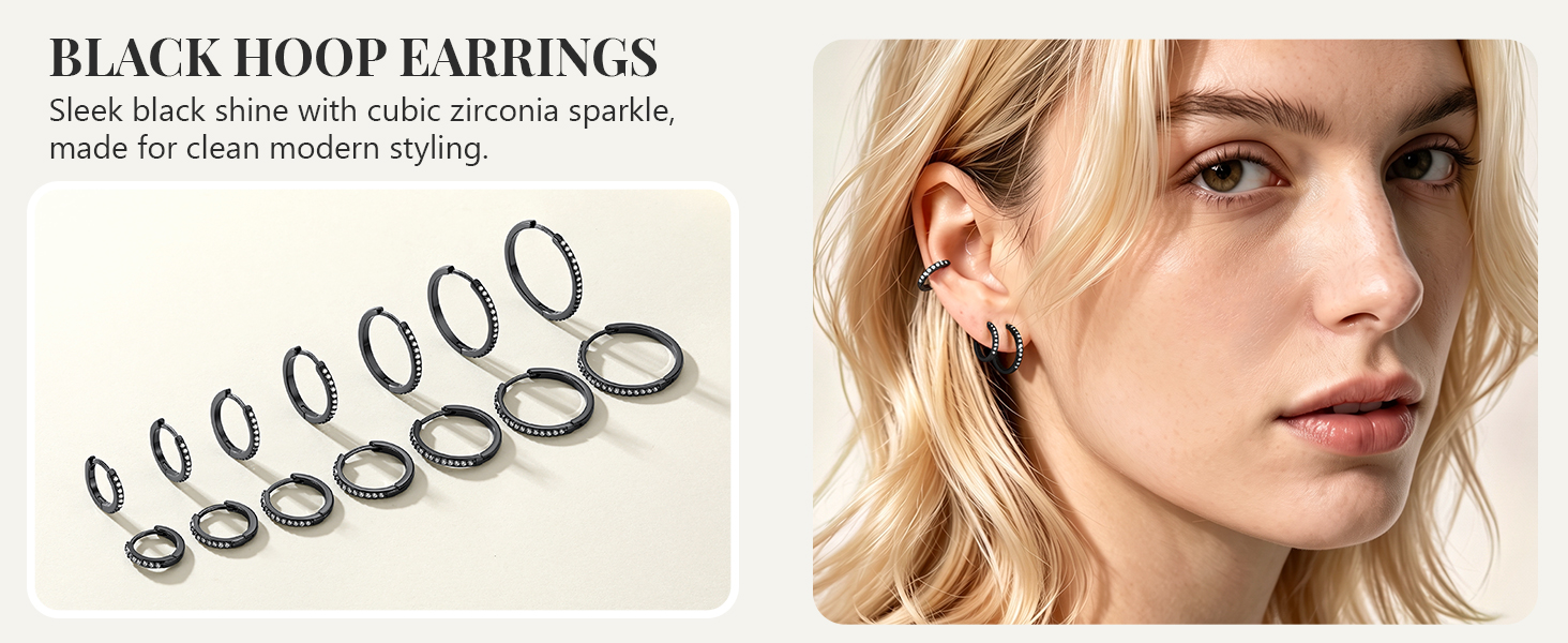 thumbnail video image 2 of Silvora Black Huggie Hoop Earrings for Women 8MM Tiny Hypoallergenic Hoop Earrings with 925 Sterling Black Post, Cubic Zirconia Shiny Cartilage Earrings Jewelry Gifts for Daughter Birthday, 2 of 9