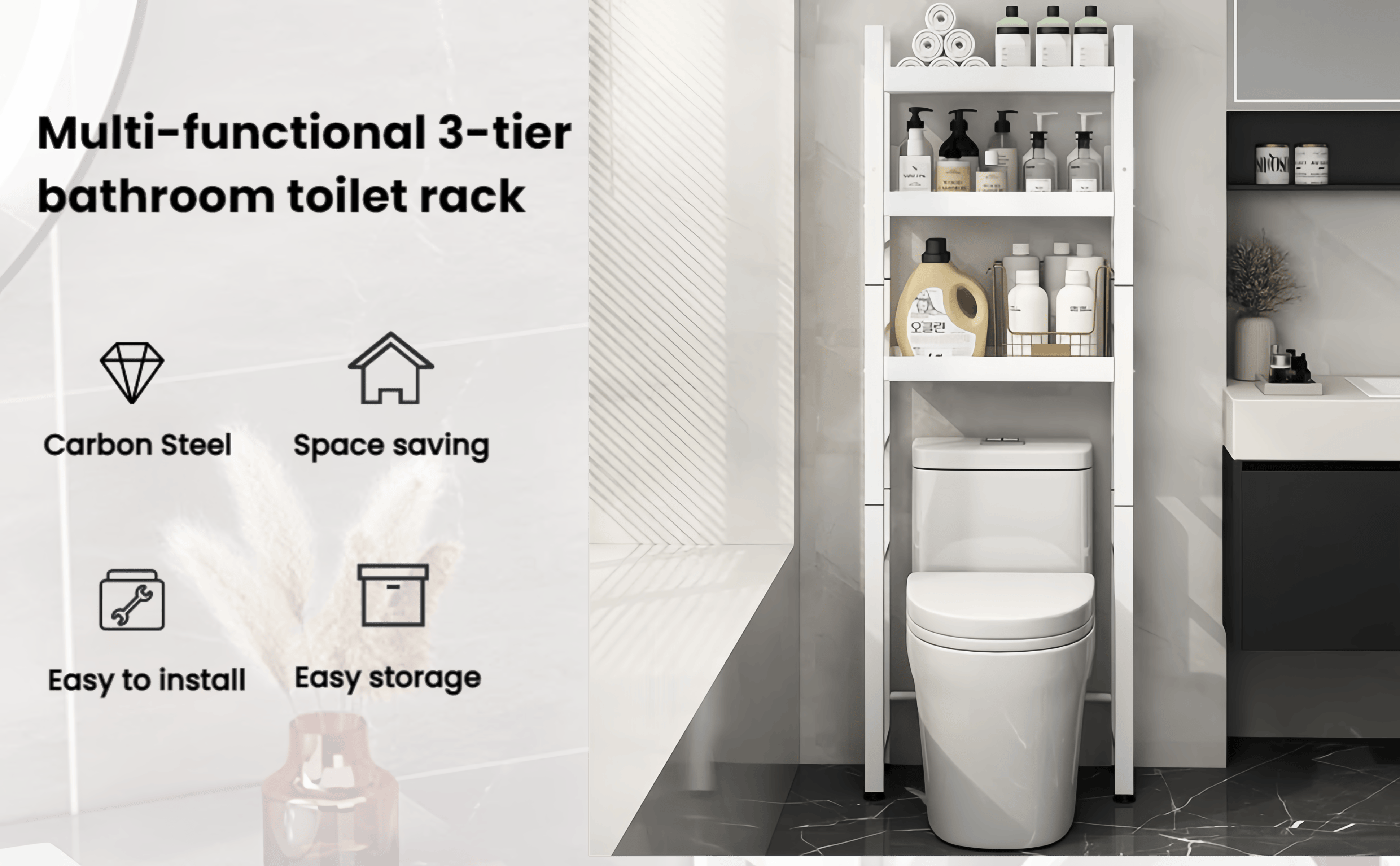 thumbnail video image 2 of ZHUISAMHOM Over The Toilet Storage Shelf, 3 Tier  Freestanding Bathroom Organizers and Storage, Above Toilet Space Saver Rack with Adjustable Shelves, Fits Most Toilets, Gray, 2 of 7