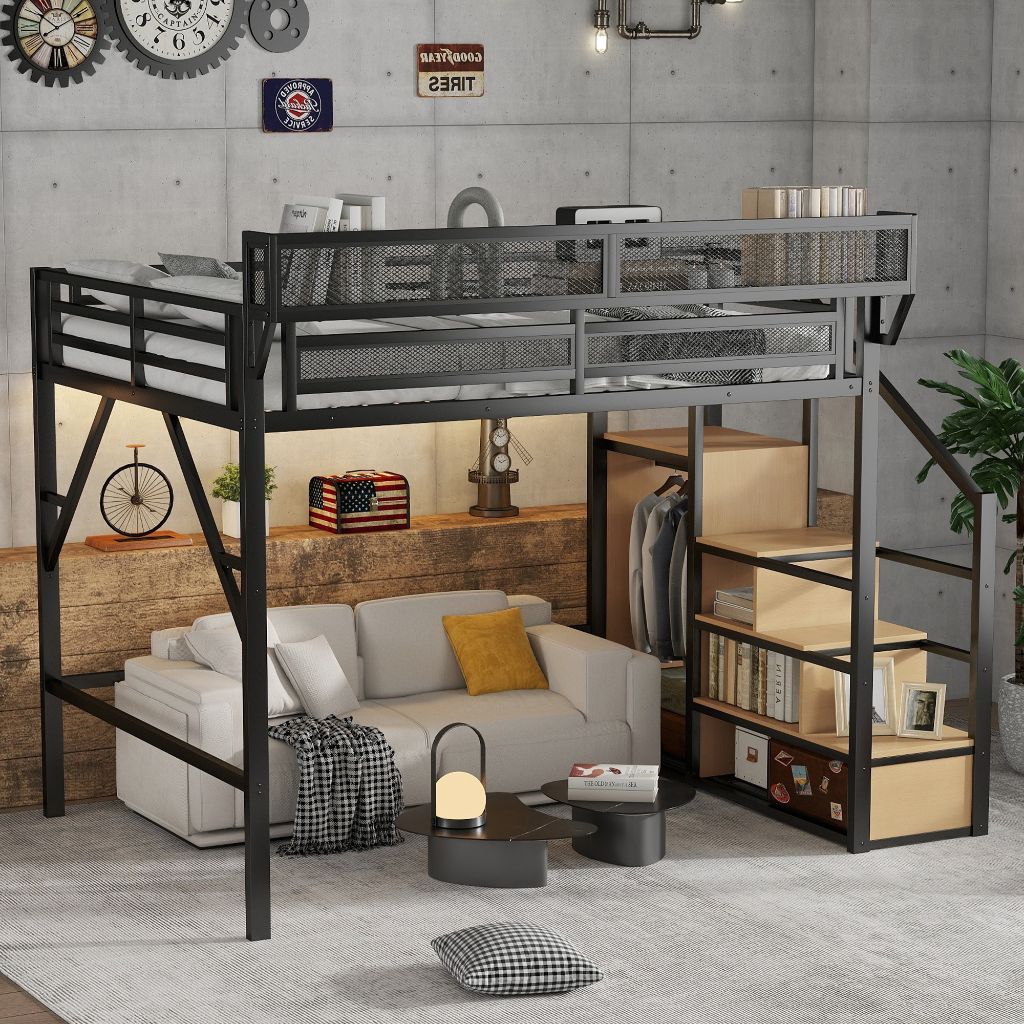 thumbnail video image 2 of Mirightone Queen Heavy Duty Metal Loft Bed with Stairs, 800 lb Capacity, Storage Shelves and Wardrobe, Black, 2 of 12