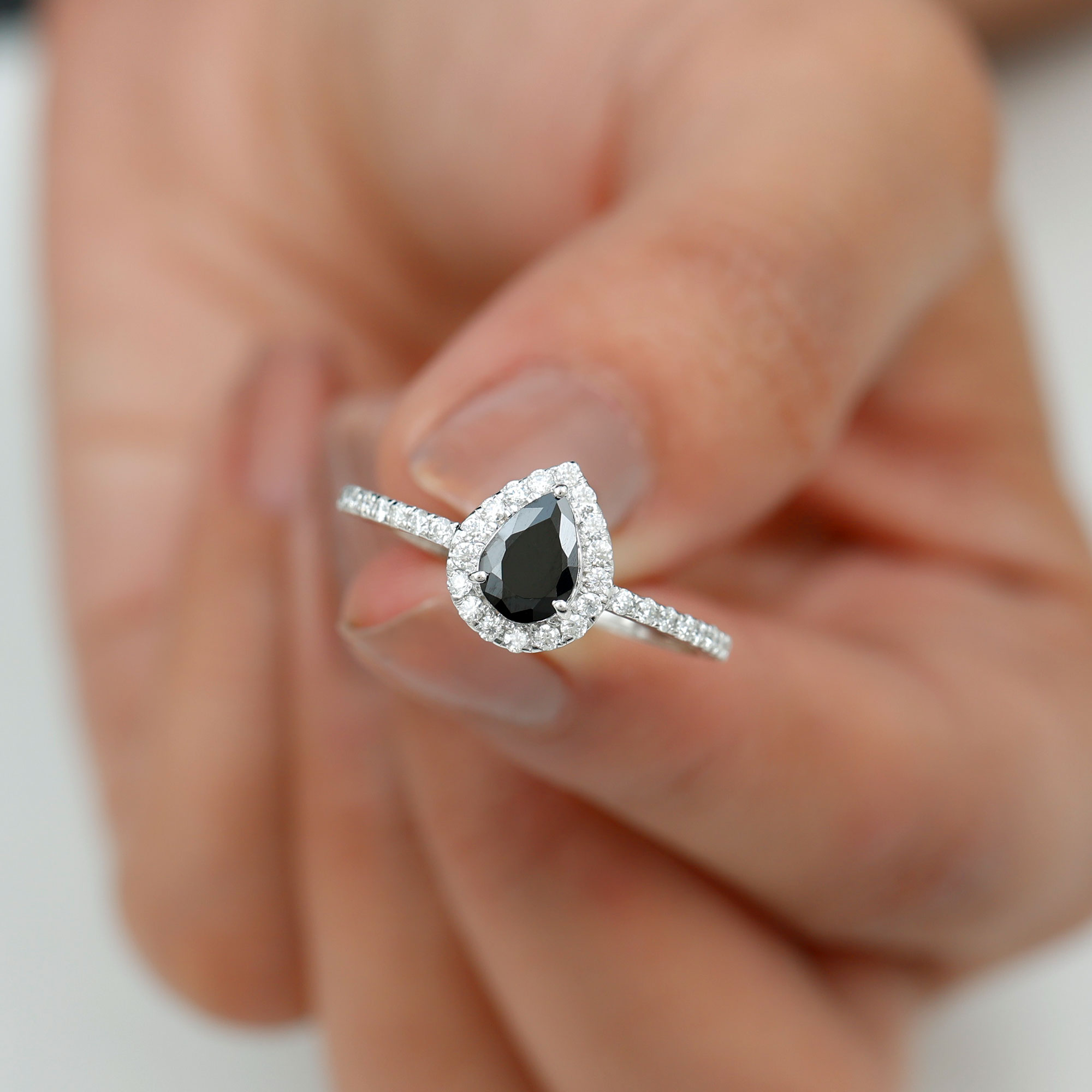 thumbnail video image 2 of Rosec Jewels Real Black Spinel Teardrop Engagement Ring with Halo - Black Spinel Diamond Ring - 5X7 mm Pear Shape - AAA Quality, 14K Yellow Gold, US 7.50, 2 of 9