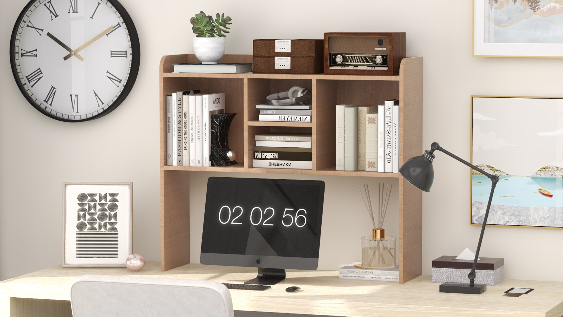 thumbnail video image 2 of JOIVI Desktop Bookshelf, Countertop Storage Organizer Rack, Desk Hutch with 5 Shelves for Computer Desk, 3-Tier Desktop Display Organizer Rack for Office Dorm, Natural, 2 of 10