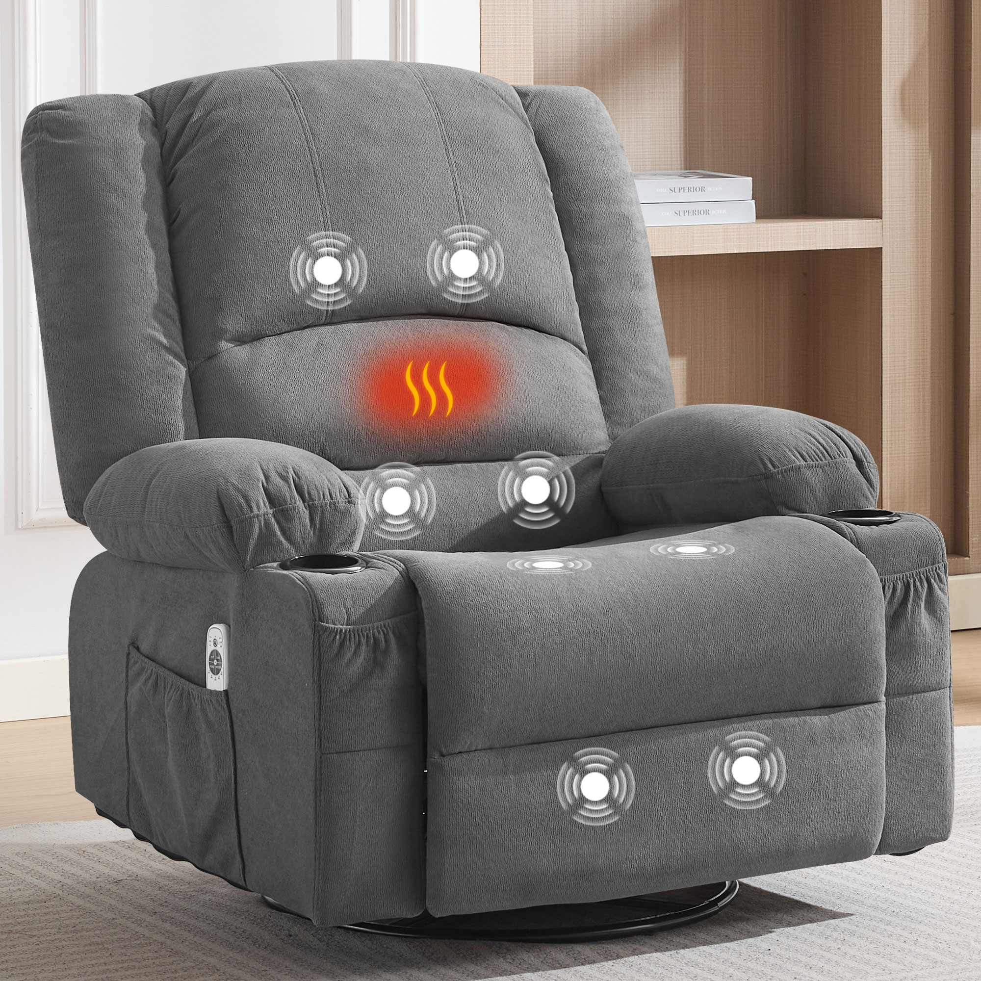 thumbnail video image 2 of JONPONY Heated Manual Massage Recliner with 360° Swivel Rocker, Comfy Single Sofa with Side Pockets and Cup Holders for Living Room, Bedroom, and Home Theater, Grey, 2 of 10