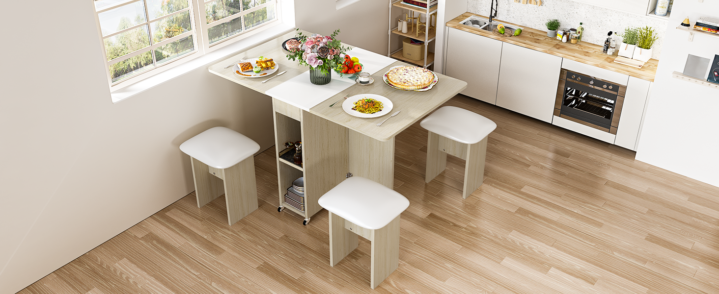 thumbnail video image 2 of MIERES Folding Dining Table Set for 4, Dinner Table with 4 Leather Chairs and Shelves, Space Saving Foldable Dining Table with 6 Wheels, Kitchen Table for Small Spaces (Beige＆White), 2 of 10