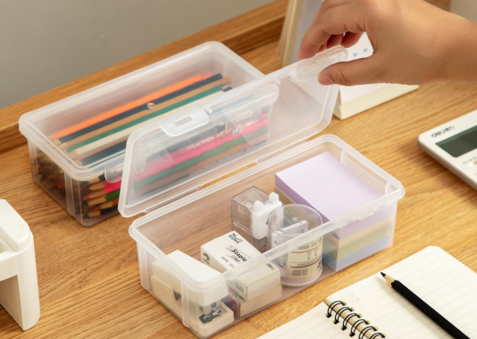 thumbnail video image 2 of 8 Inch Plastic Storage Boxes with Hinged Lids, Clear Small Storage Containers for Bread, Jewelry, Pens, Crafts, Office Supplies, Rectangular Organizer Bins for Home & Kitchen, 2 of 6