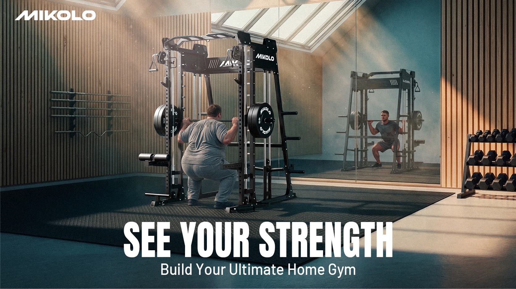 thumbnail video image 2 of Mikolo M4 Advanced All-In-One Smith Machine Home Gym Package, 2200 lbs Power Rack Cage with Cable Crossover, 360° Landmine, Barbell Holders and Other Attachments, Total Body Strength Training Cage, 2 of 11