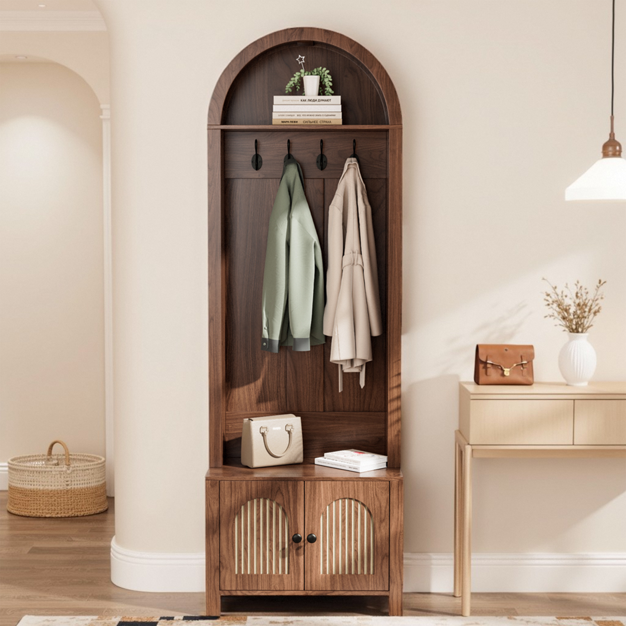 thumbnail video image 2 of Oubayajia Modern Farmhouse Hall Tree, 70.9" Narrow Arch Coat Rack  for Hallway, Entryway, Mud Room, Walnut, 2 of 9