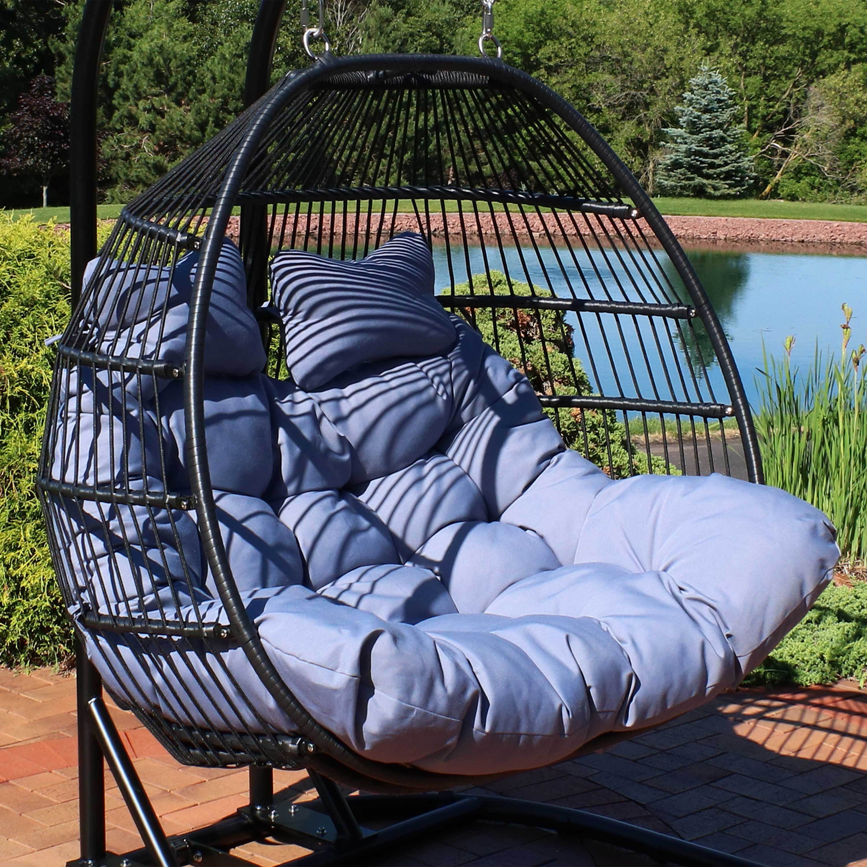 thumbnail video image 2 of Sunnydaze Liza Resin Wicker 2-Person Egg Hanging Chair with Cushion, Gray, 2 of 14