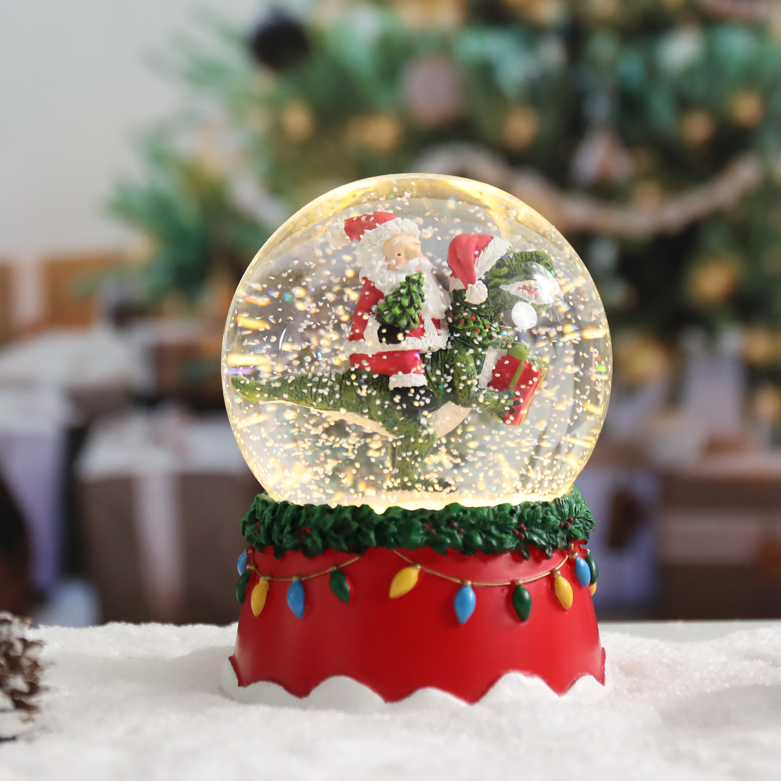 thumbnail video image 2 of Large Christmas Snow Globe Water Globe With Music Box Indoor decoration,Adorable Resin Santa Claus Dinosaur , Gifts For Chirldren/Adults, 2 of 6
