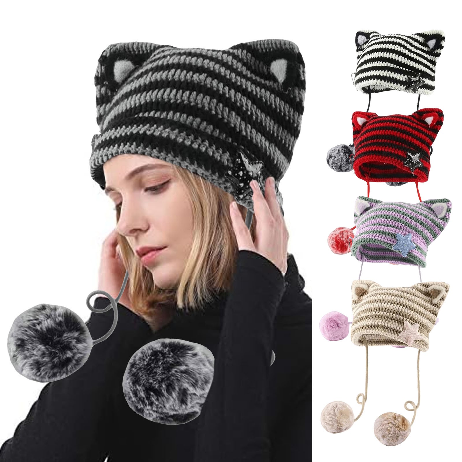 thumbnail video image 2 of GZWYHT Beanies,Beanie Hats Women Cat Ear Hat With Pom Poms Star Accessories Goth Crochet Knitted Slouchy Skully Caps Alt Clothes Winter Hats,Hats for Women Coffee, 2 of 2