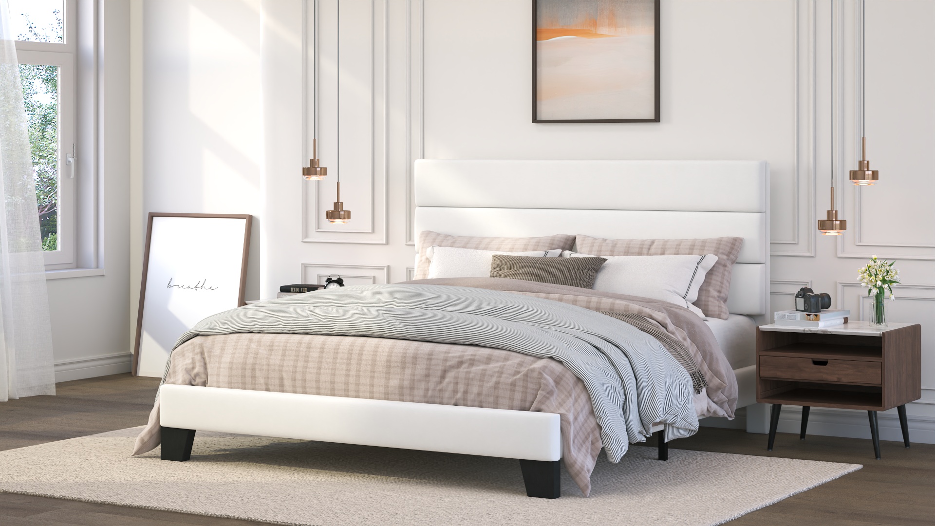 thumbnail video image 2 of Amolife Full Bed Frame, Platform Bed Frame with Upholstered Velvet Headboard, White, 2 of 9