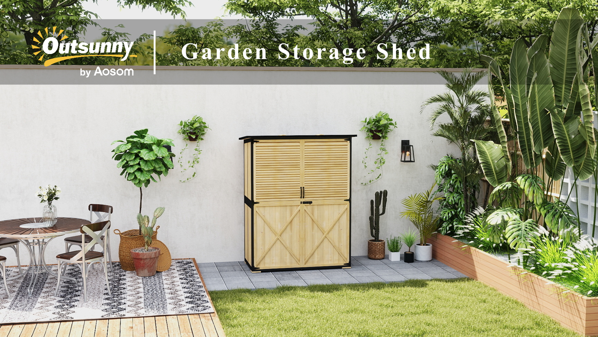 thumbnail video image 2 of Outsunny Outdoor Storage Shed, Wooden Garden Storage Cabinet with Waterproof Asphalt Roof, 2 Shelves, Lockable Doors and Adjustable Feet, Natural, 2 of 10