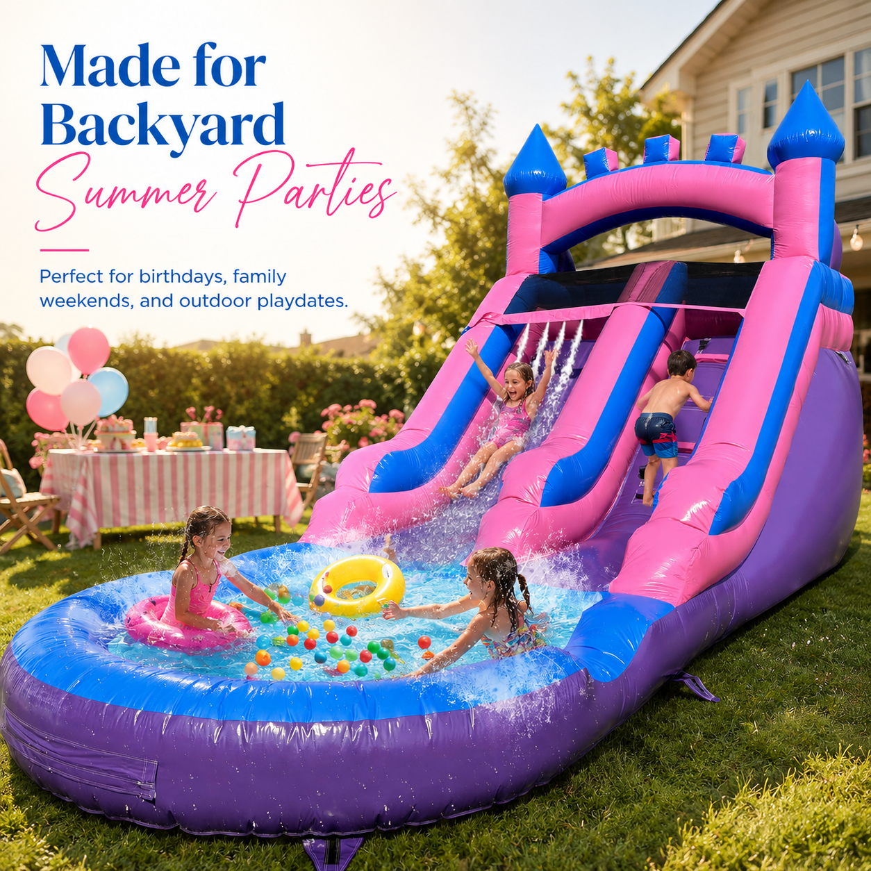 thumbnail video image 2 of 13' x 21' Commercial Water Slide with Splash Pool and Air Blower (Purple&Pink), 2 of 8