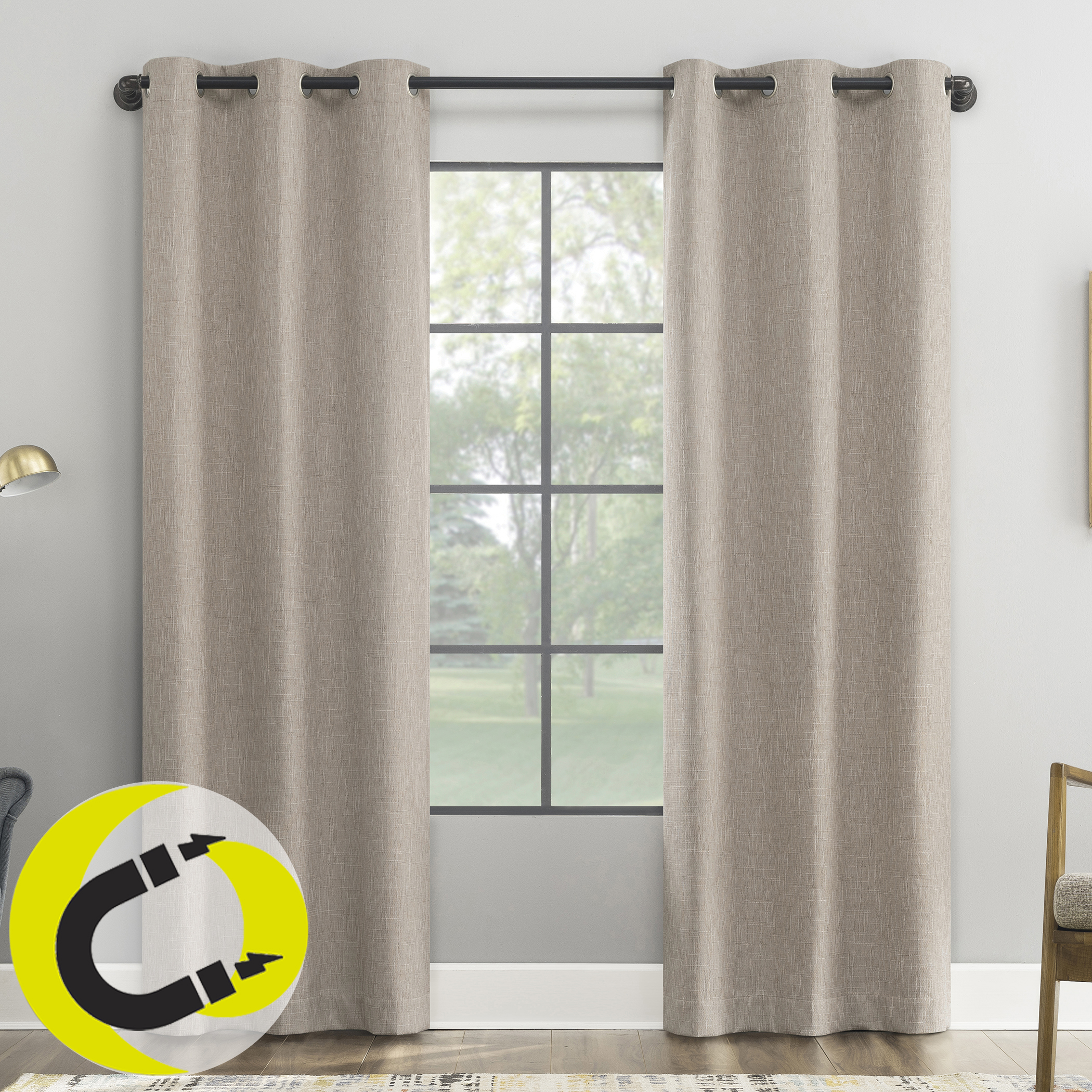 thumbnail video image 2 of Sun Zero Aldwin Slub Texture Magnetic Closure 100% Blackout Grommet Curtain Panel, 40"W x 96"L, Stone, 2 of 11