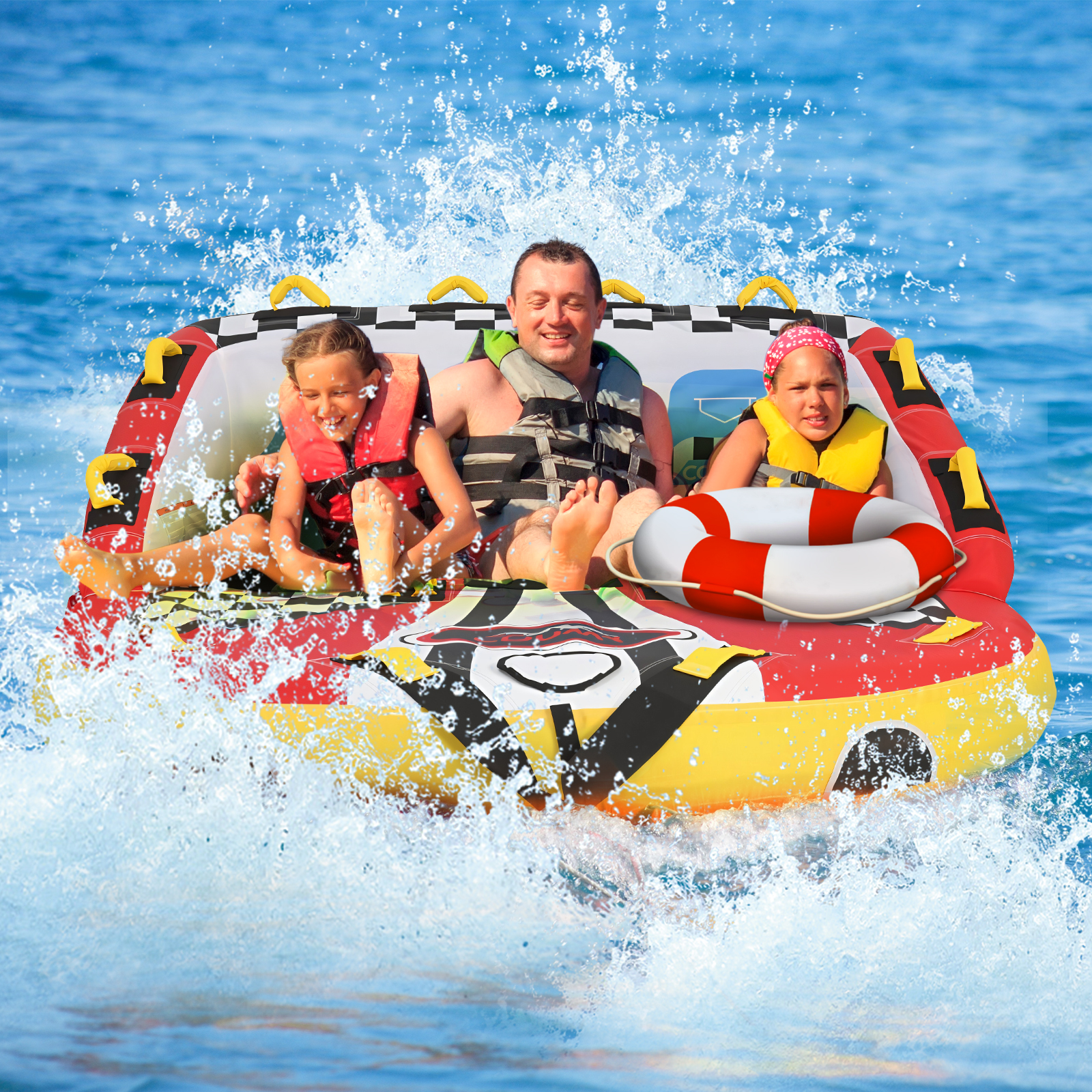 thumbnail video image 2 of Coumy Towable Tubes for Boating, 1-3 Riders Boat Tube for Tubing, Tubes for Boats, Inflatable Pull Boats, Water Tube, Full Nylon Cover, Towable Rider Deck for Water Sports, Boating, Waterskiing, 2 of 9