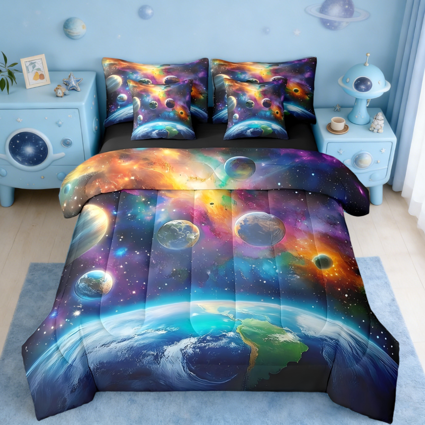 thumbnail video image 2 of Manfei Universe Galaxy 7-Piece Bedding Comforter Set,Kids Planets Earth Solar System King Bedding Sets Outer Space Duvet Set Reversible, 2 of 8