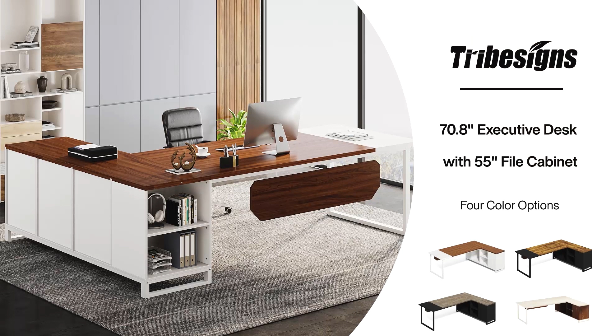 thumbnail video image 2 of Tribesigns 70.8" L-Shaped Executive Desk with 55" File Cabinet, Modern L-Shaped Computer Desk with Storage Shelves and Cabinet for Home Office, Retro Gray, 2 of 6