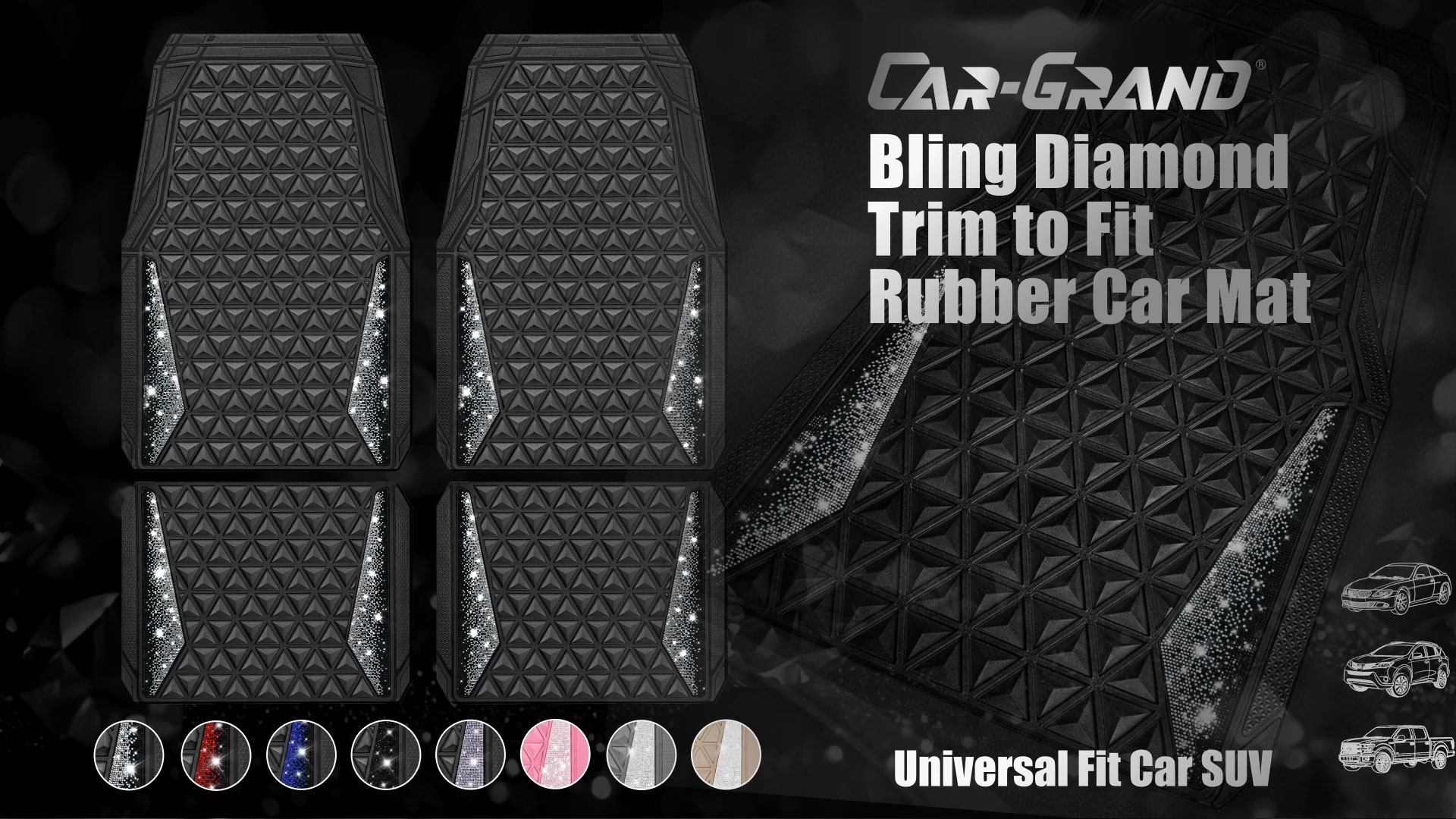thumbnail video image 2 of CAR GRAND Bling diamond rubble automotive floor mats full set anti-slip water proof universal fit glitter crystal sparkly shining rhinestone girl woman lady femal Black Pink, 2 of 9