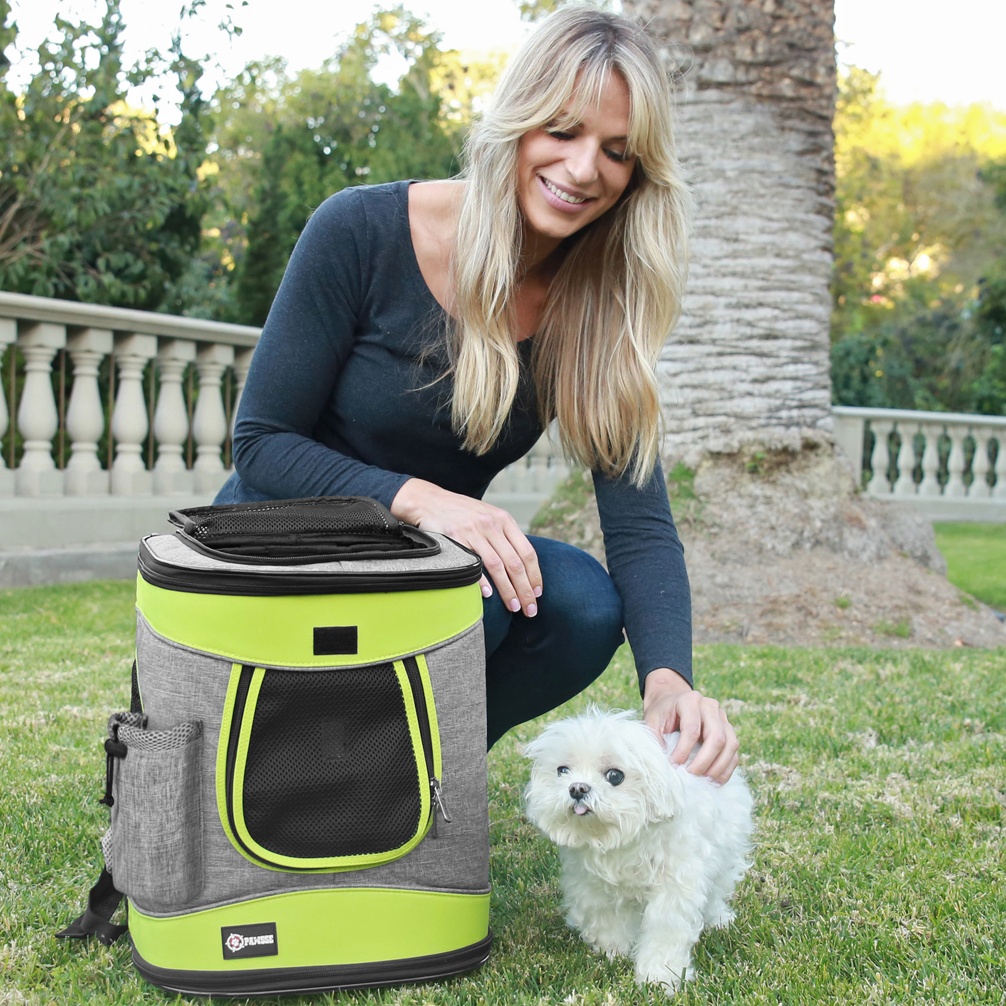 thumbnail video image 2 of Kato Large Breathable Mesh Net Pet Carrier Backpack with Sherpa Bed, Green, 18 lb Limit, 2 of 8