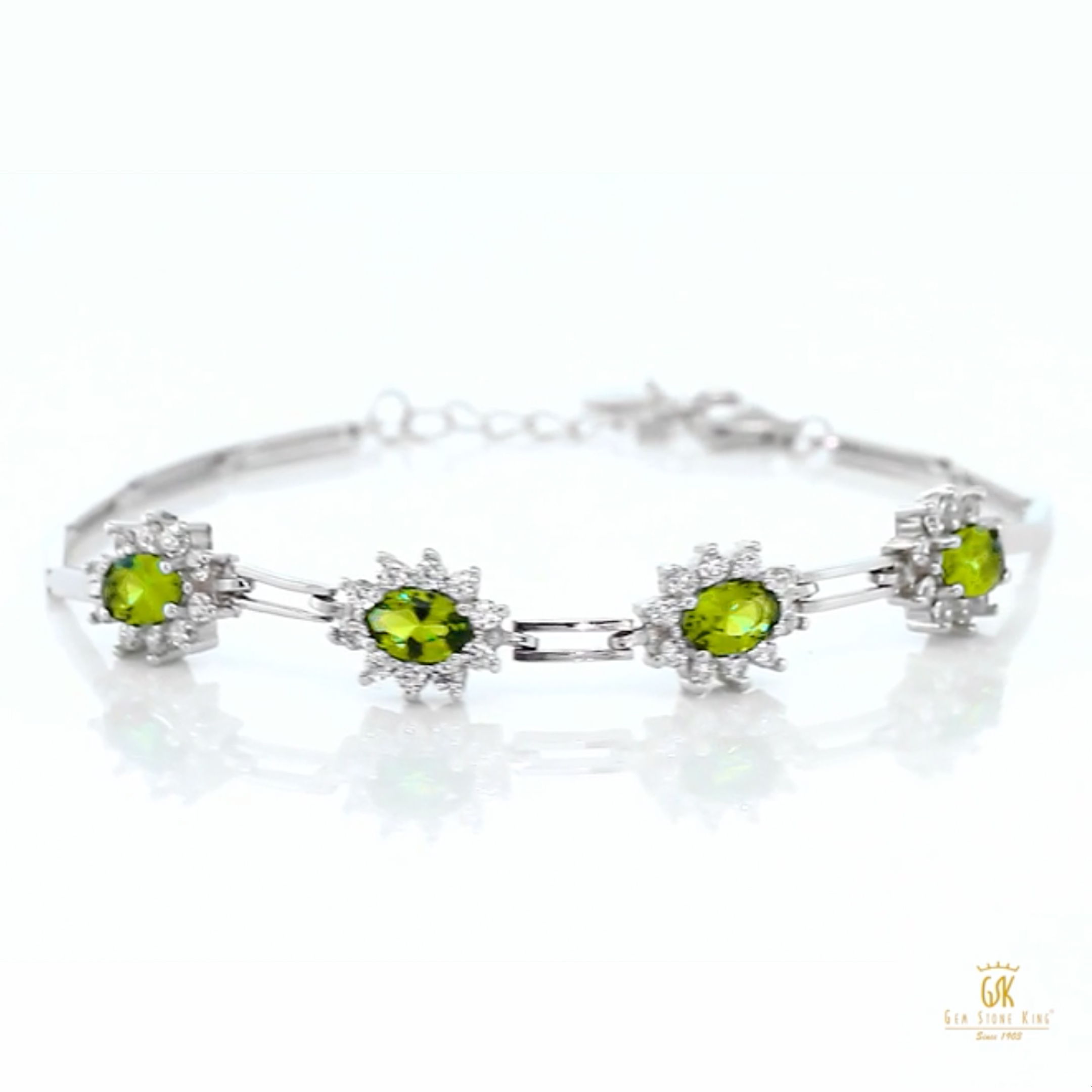 thumbnail video image 2 of Gem Stone King 925 Sterling Silver Green Peridot Tennis Bracelet for Women (4.00 Cttw, Oval 6X4MM, Gemstone Birthstone, 7 inch with 1 inch Extender), 2 of 6