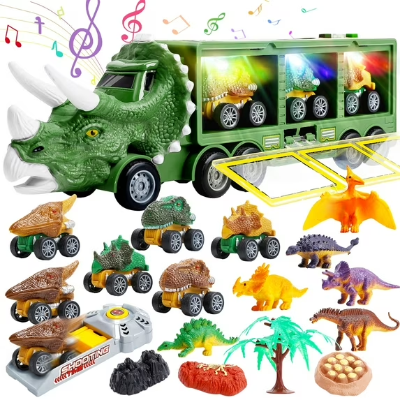 thumbnail video image 2 of JoyStone 20 in 1 Dinosaur Truck Toys with Lights & Sounds,  Dinosaur Play Set for Kids 3-5 Years, Including 6 Pull Back Cars, 6 Dino Figures, Birthday Gift for Boys Girls, Brown, 2 of 9