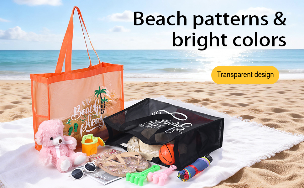 thumbnail video image 2 of Large Capacity Fine Mesh Beach Tote Bag with Funny pattern, Sand Proof Nylon Handbag Side Pockets For Pool Seaside Travel Swimming, 2 of 8