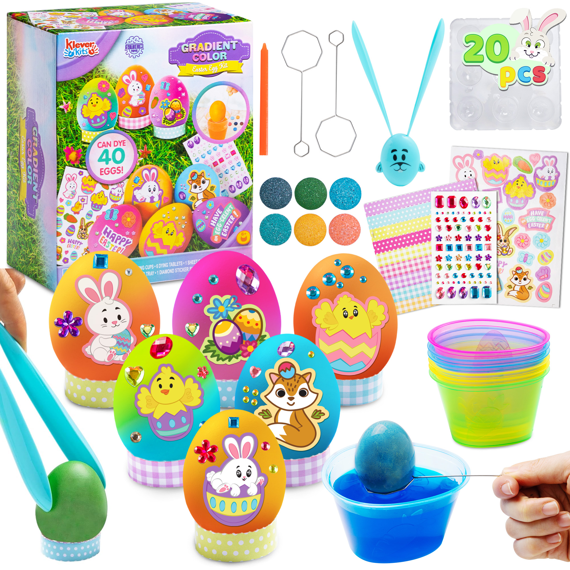thumbnail video image 2 of Joyfy 20Pcs Easter Egg Dye Kit,Gradient Color DIY Easter Decorating Craft Kit with Egg Tray,Egg Stands,Easter Stickers for Kids,Easter Egg Coloring,Home School Class Egg Crafts, 2 of 9