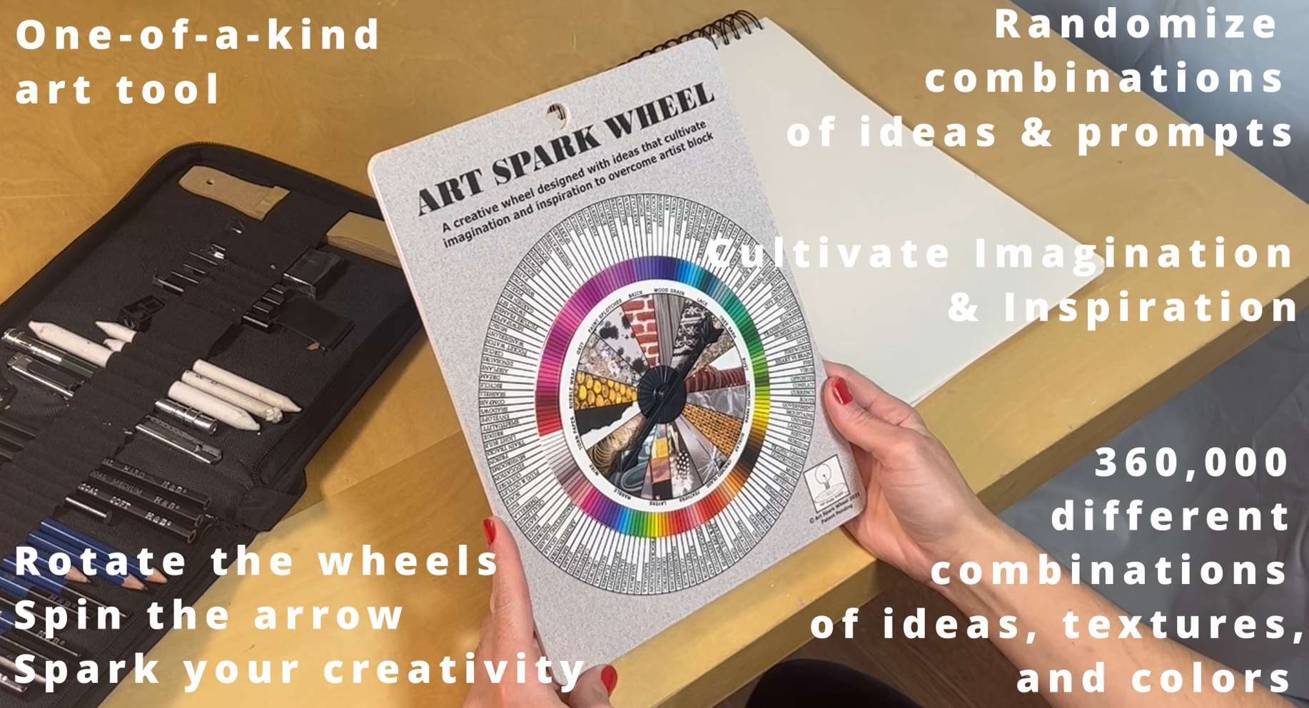 thumbnail video image 2 of Art Spark Wheel Art Game: Drawing & Painting Inspiration for Artists, Teachers, Adults, & Teens - Educational Art Supplies for Classroom and Studio - Unique Gifts for Artists, 2 of 6