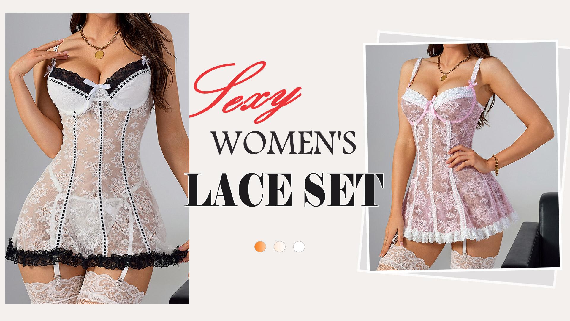 thumbnail video image 2 of Ausing Women's Lingerie Set Lace See Through Babydoll Dress Corset Halter and Panty 2 Piece Mini Bows Rave Outfits Black XL, 2 of 6